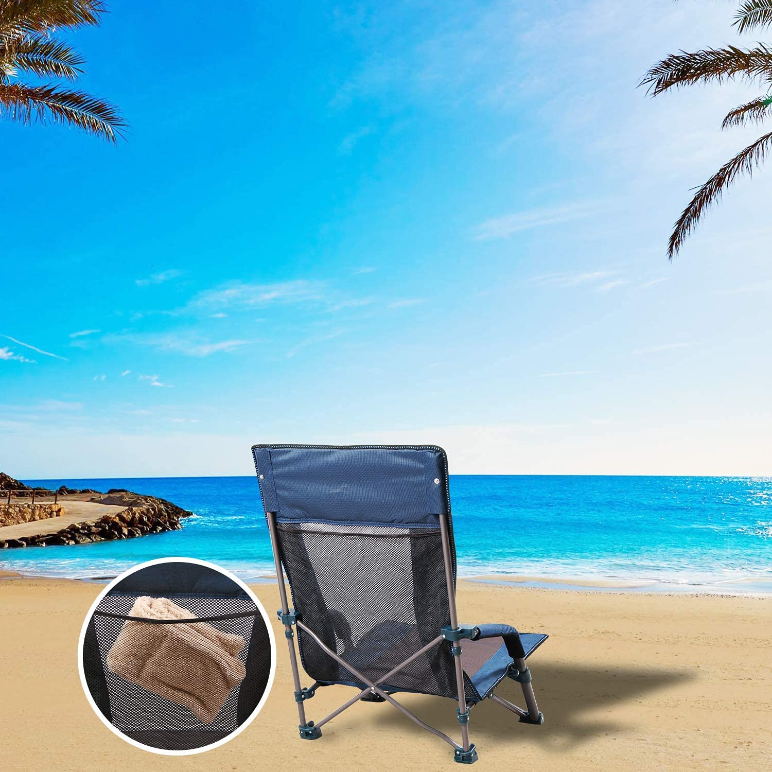 RedSwing Low Sling Beach Chair - Foldable Low Profile Camping Chair for Adults, High Back Portable Outdoor Chair for Beach, Backpacking & Picnics (Blue, Set of 2) - Perfect for Beach Vacations, Camping Trips & Backyard Relaxation