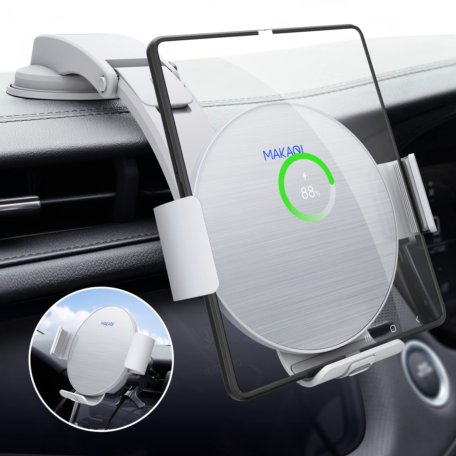 MAKAQI Wireless Car Charger for Samsung Galaxy Z Fold 4/3/2 & iPhone 14/13/12/11 Pro Max/X - Dual Coil Auto Clamping Fast Charging Car Mount Holder | Perfect for Road Trips, Commuting & Hands-Free Driving