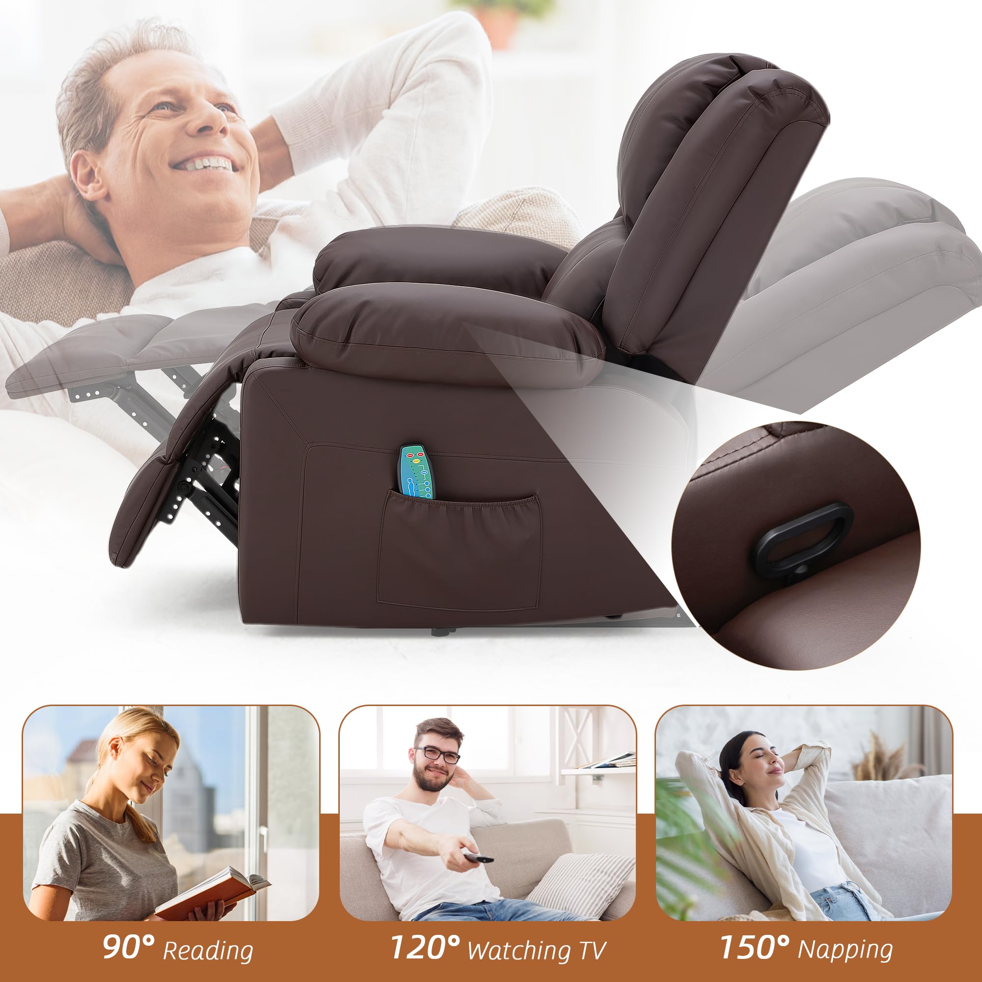 Premium Massage Recliner Chair with Heat Function - 360° Swivel & Rocking Motion, Faux Leather Living Room Sofa for Adults, Home Theater Seating with Convenient Side Pockets (Brown) - Perfect for Relaxation, Movie Nights & Living Room Comfort