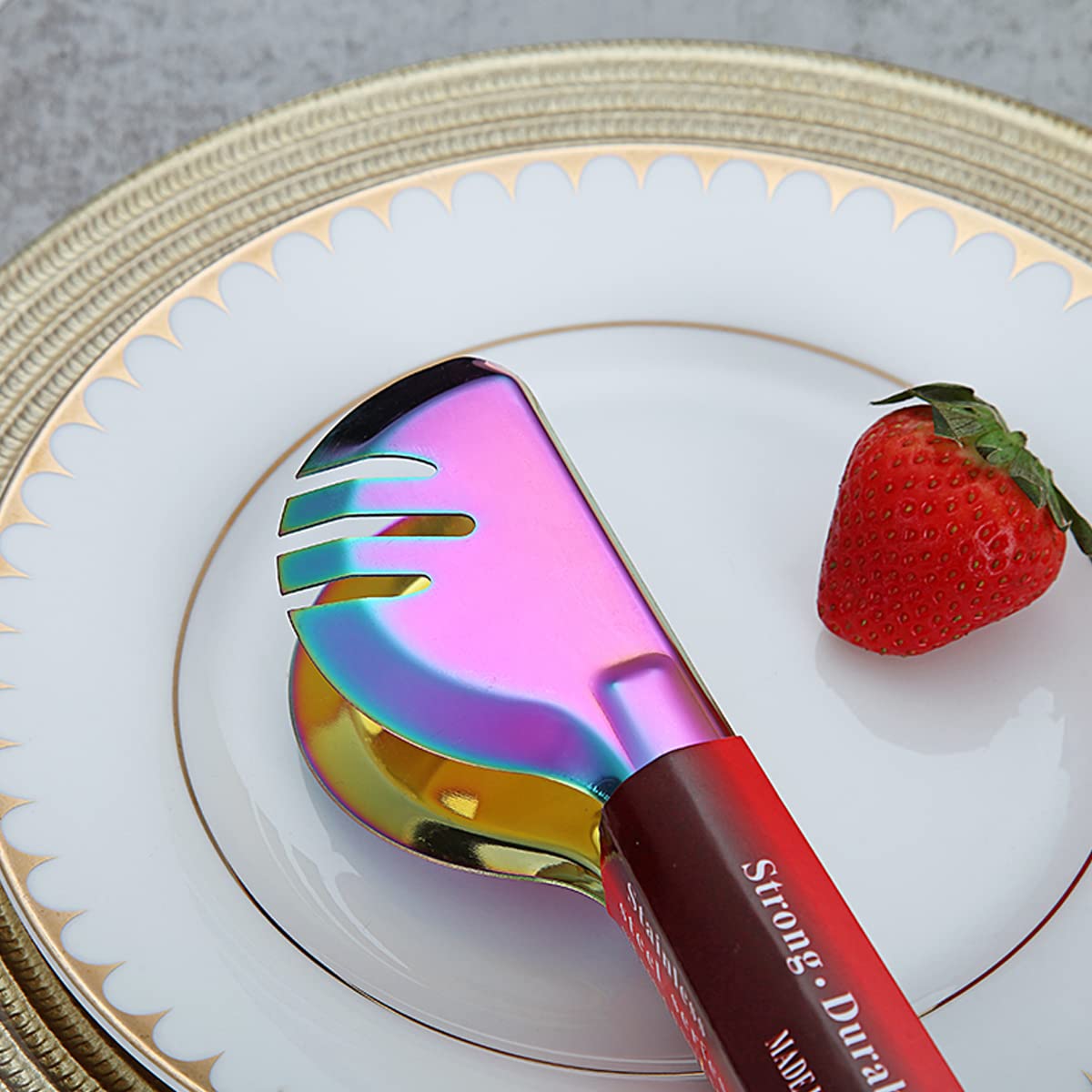 Rainbow Stainless Steel Serving Utensil Set - 12 Piece Kitchen Tools Including Serving Spoons, Slotted Spoons, Forks, Cake Server, Butter Knife & Tongs - Dishwasher Safe for Parties, BBQs & Family Dinners