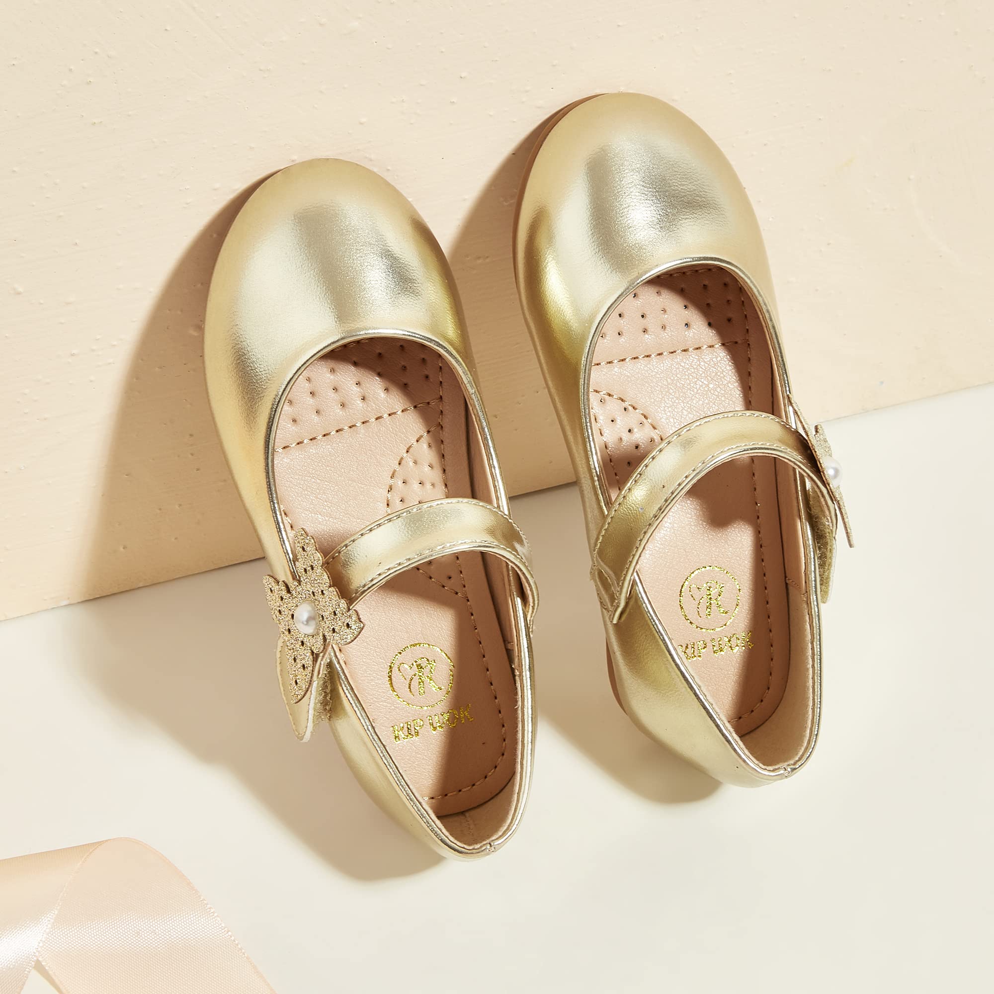K KIP WOK Toddler Girls Mary Jane Shoes with Glitter & Flower Design - Comfortable Ballet Flats for Wedding, Party & Special Occasions