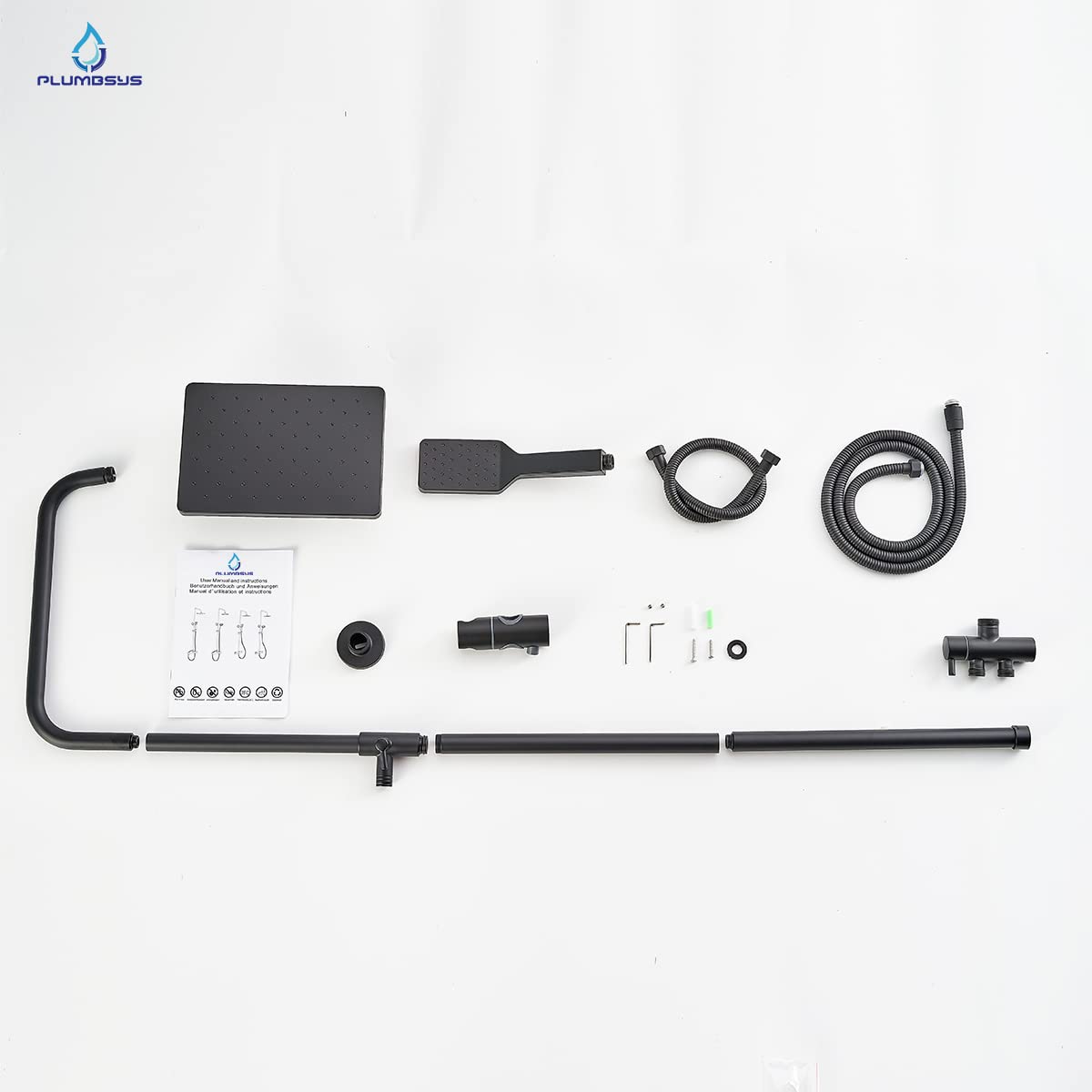Plumbsys Black Shower Rail Set - 10 Inch Square Rainfall Shower Head with Diverter & Handheld Spray | Wall Mounted Bathroom Shower System with Automatic Cleaning Function | Perfect for Modern Home, Spa, and Luxury Bathroom Renovations