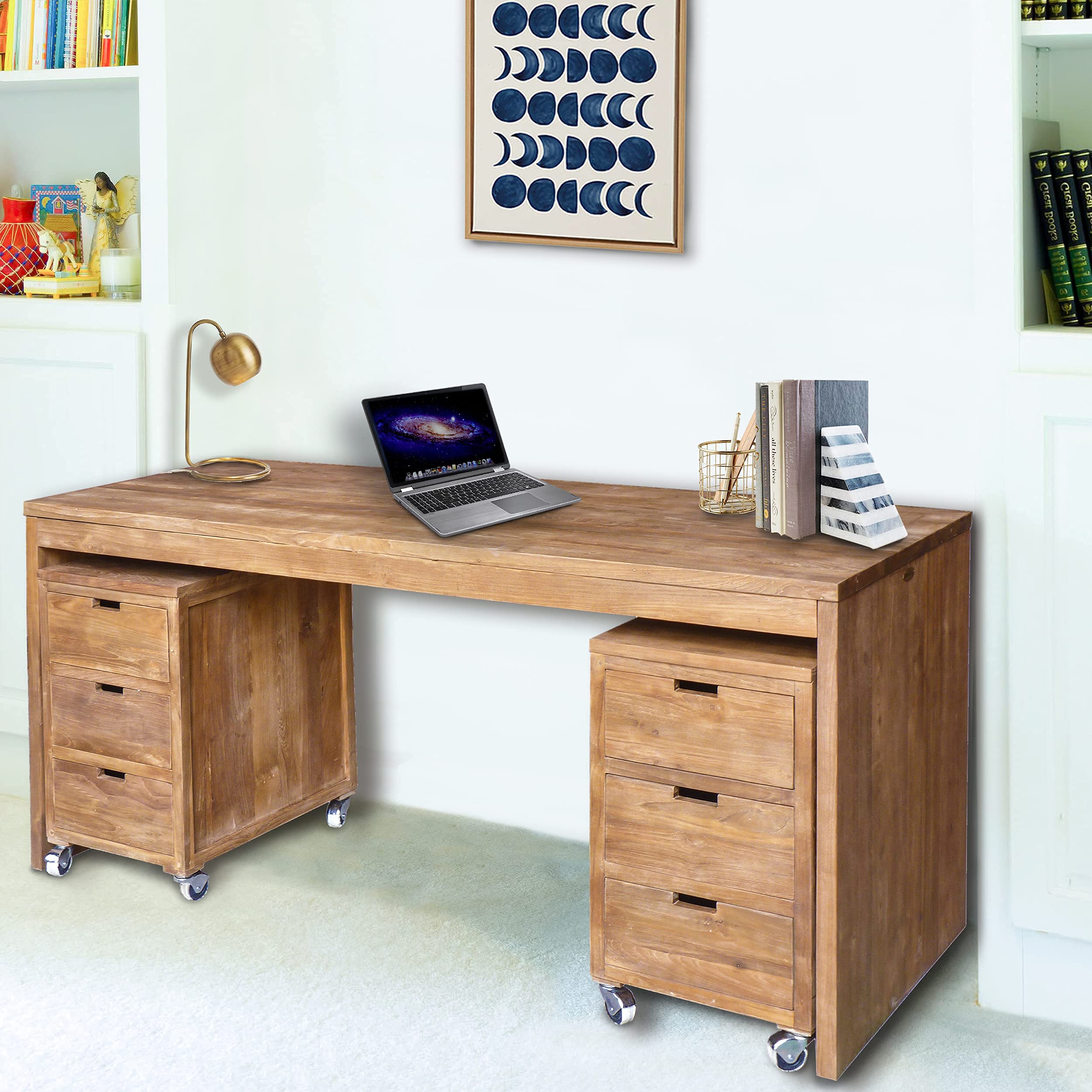 Eco-Friendly Recycled Teak Wood Bali Writing Desk with 2 Drawers - Perfect for Home Office, Study Room & Small Space Workstation