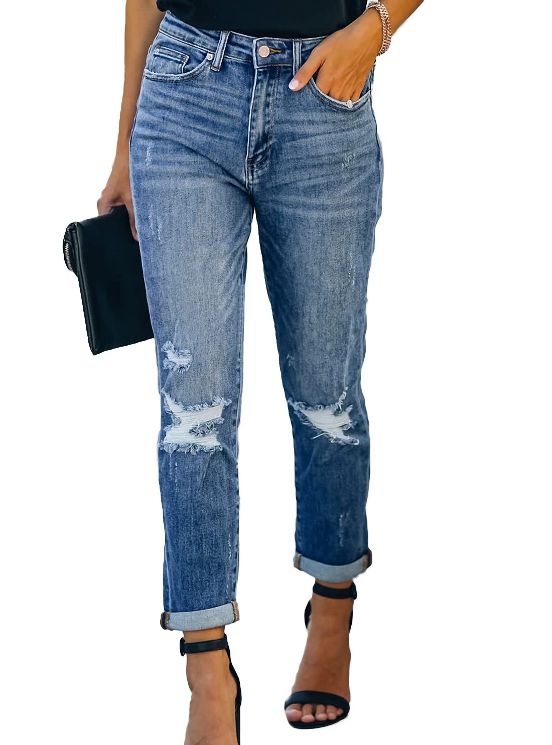 Lesore Women's High Waist Stretch Distressed Jeans - Ripped Destroyed Denim Pants for Casual Wear, Street Style & Everyday Outfits
