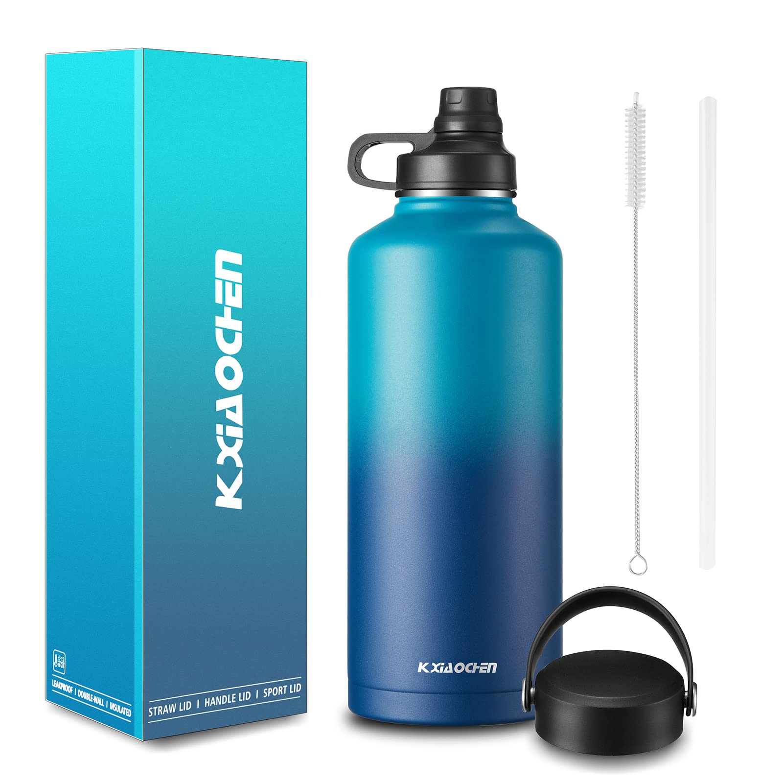 87 oz Insulated Stainless Steel Water Bottle with 2 Lids (Straw & Handle) - Double Walled Thermo Mug for Hot & Cold Drinks - Wide Mouth Metal Canteen for Gym, Hiking, Camping & Office (Dark Night)