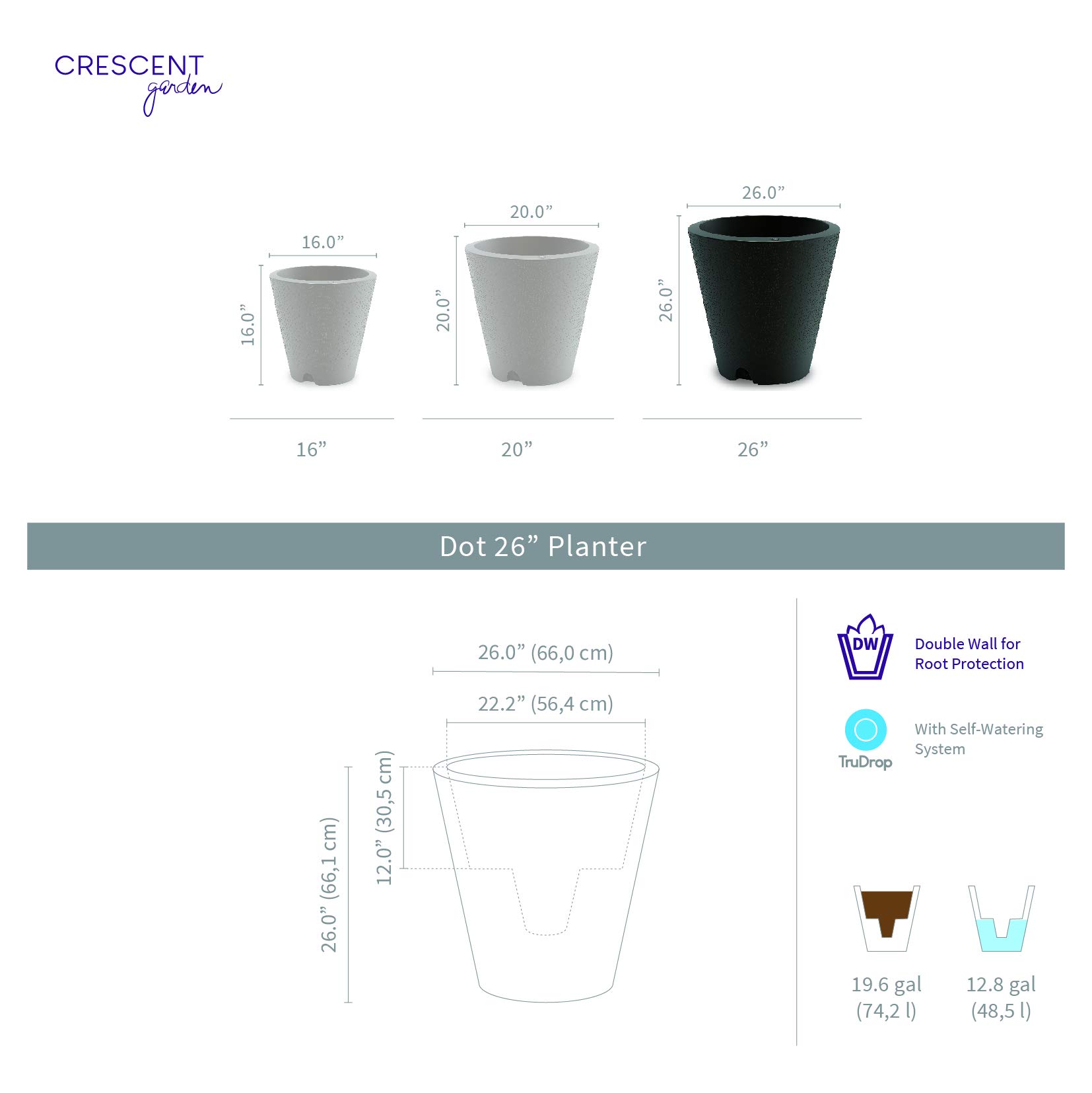 Crescent Garden Dot TruDrop Self-Watering Planter - 26 Inch Indoor/Outdoor Flower Pot in Caviar Black | Perfect for Home Decor, Patio, Balcony & Office Plants