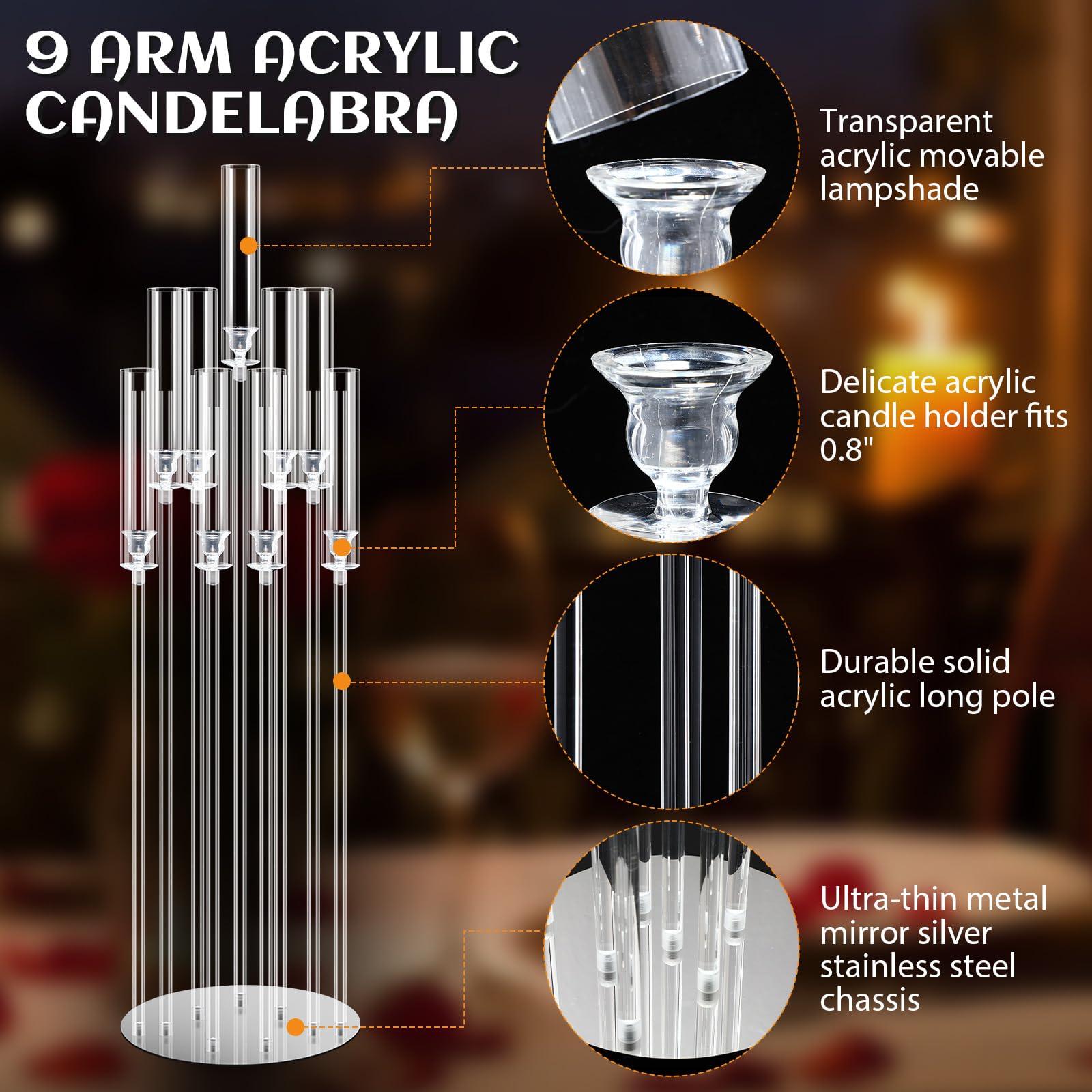 Tessco 4-Piece 9-Arm 42.5-Inch Clear Acrylic Candelabra Set - Elegant Table & Floor Centerpiece with Removable Lampshade - Perfect for Weddings, Parties & Home Decor - Fits 0.8 LED Candles