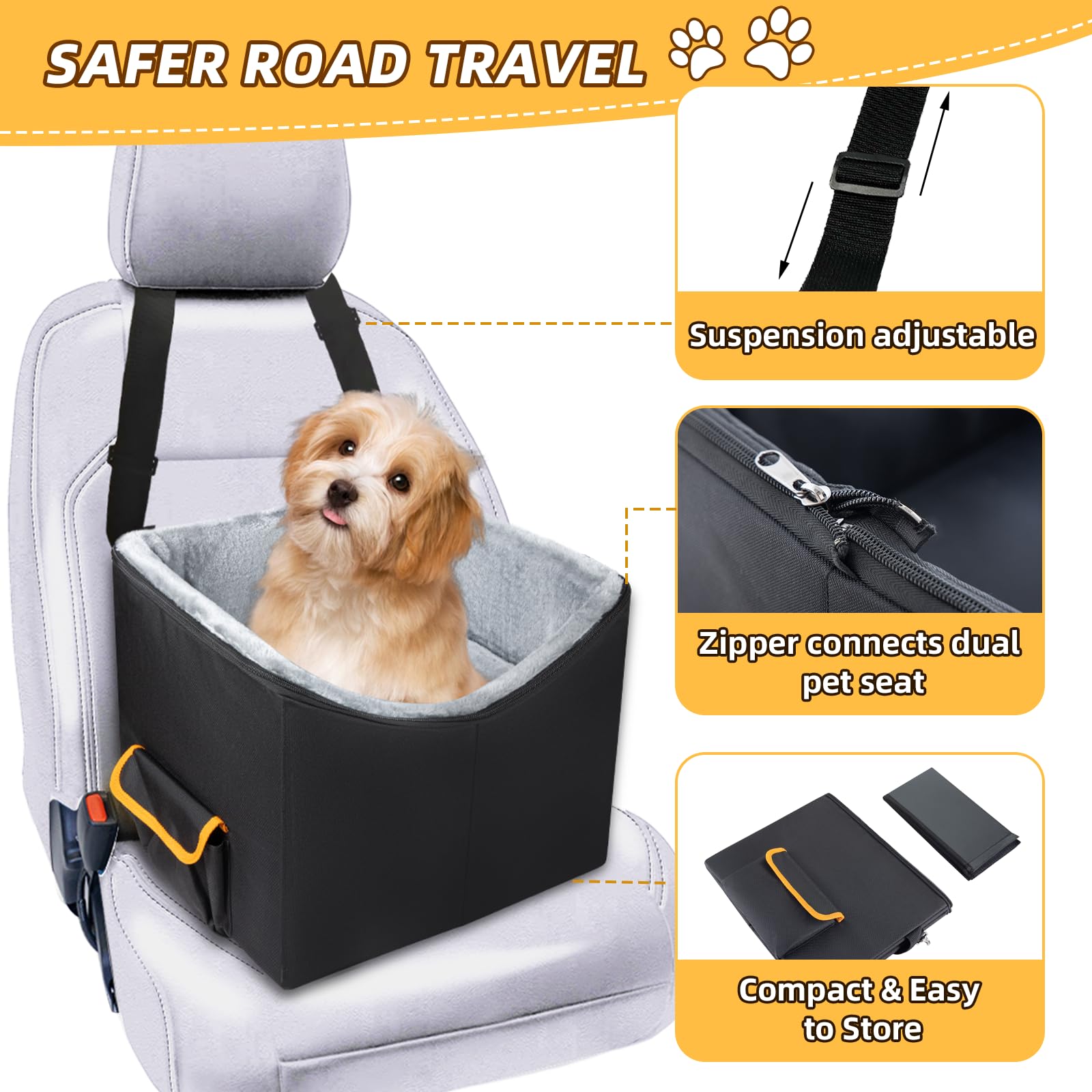 JJRING Elevated Dog Car Seat for Small Dogs - Washable & Detachable Pet Booster Seat, Black - Perfect for Safe & Comfortable Car Travel with Your Puppy