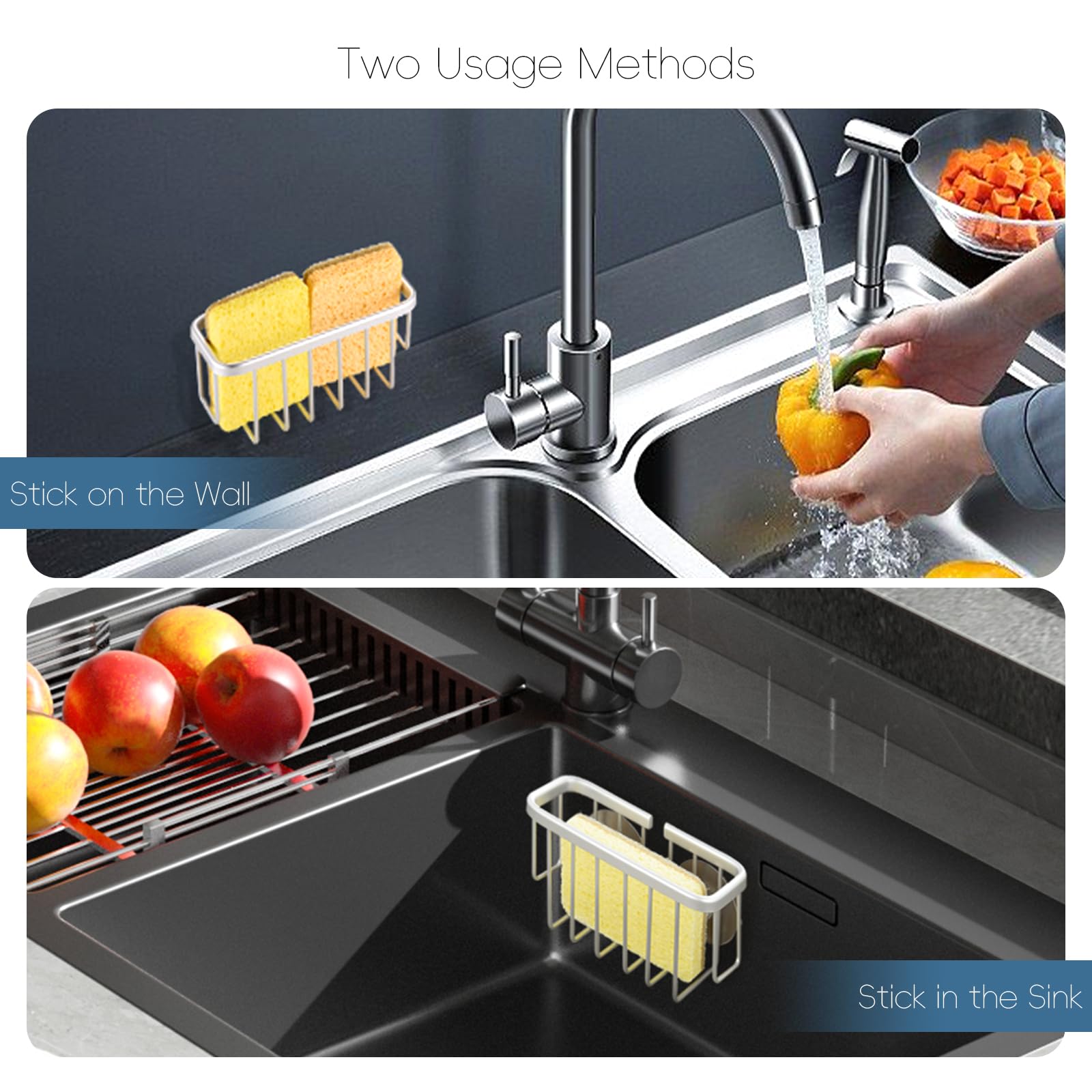 Stainless Steel Sponge Holder for Kitchen Sink - Aluminum Sink Caddy with Strong Suction Cups & Adhesive Hooks - Bathroom & Kitchen Organizer (Silver) - Perfect for Keeping Sponges Dry & Organized Near Sink