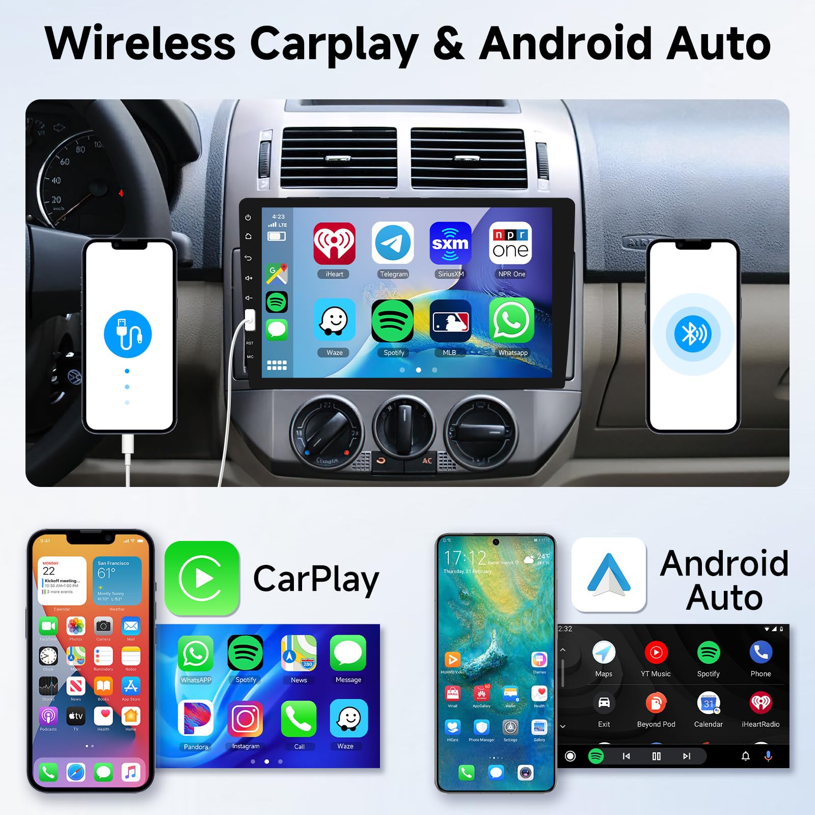 Hodozzy 9 Inch Single Din Car Stereo with Wireless CarPlay & Android Auto - Touch Screen Bluetooth Head Unit, FM Radio, USB, EQ, MirrorLink + Backup Camera | Perfect for Hands-Free Calling, Music Streaming & Safe Parking