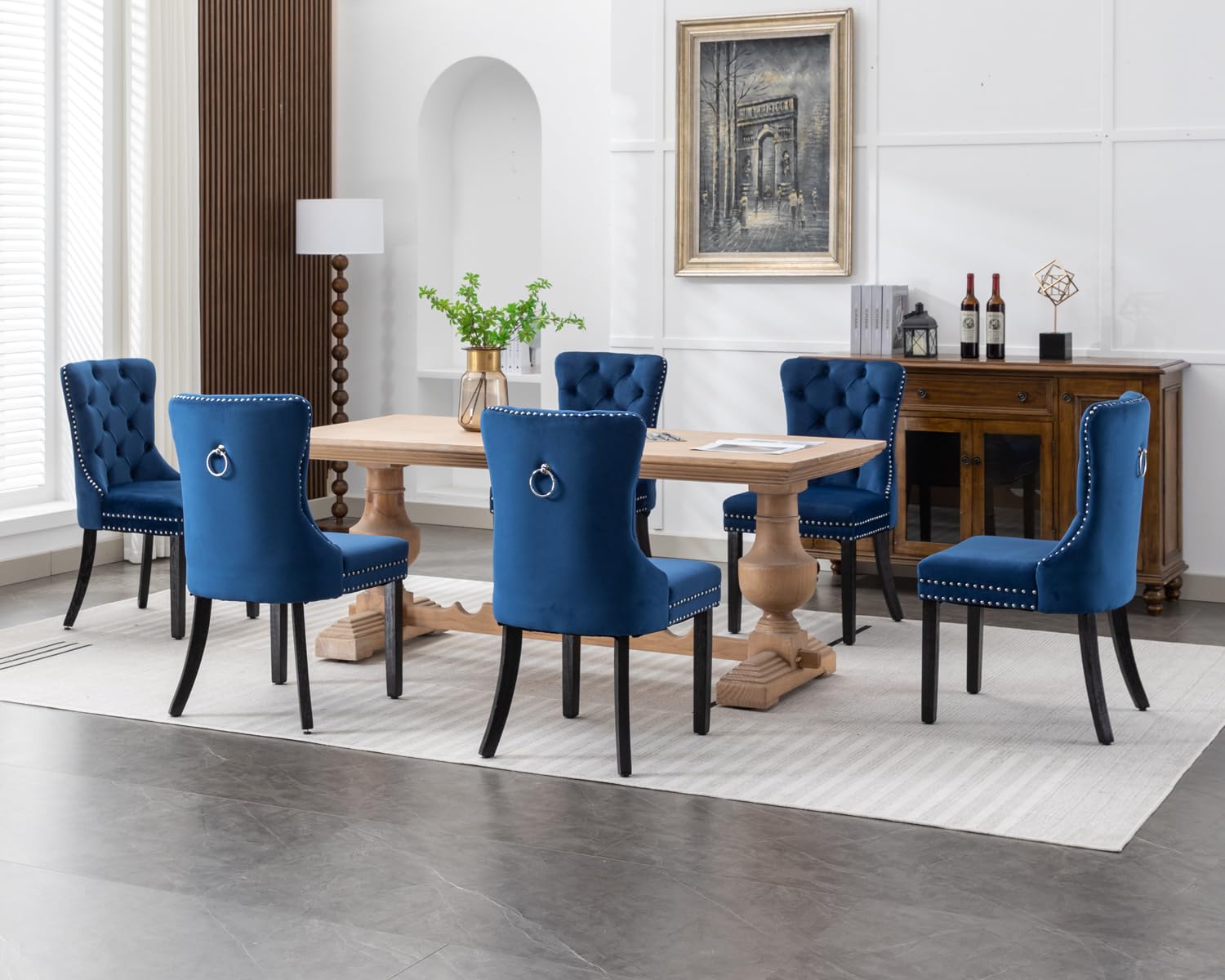 Luxury Velvet Dining Chairs Set of 6 - Modern Upholstered Tufted Kitchen Chairs with Nailhead Trim & Solid Wood Legs, Nikki Collection in Elegant Blue | Perfect for Dining Room, Kitchen, and Entertaining Guests
