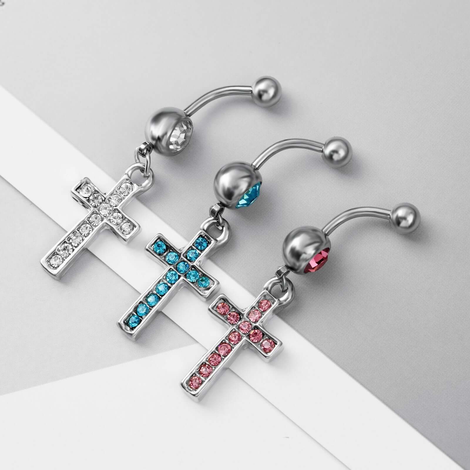 Silver Cross Dangle Belly Button Rings for Women | Surgical Steel Navel Piercing Jewelry | Trendy Gothic Body Jewelry for Parties & Everyday Wear