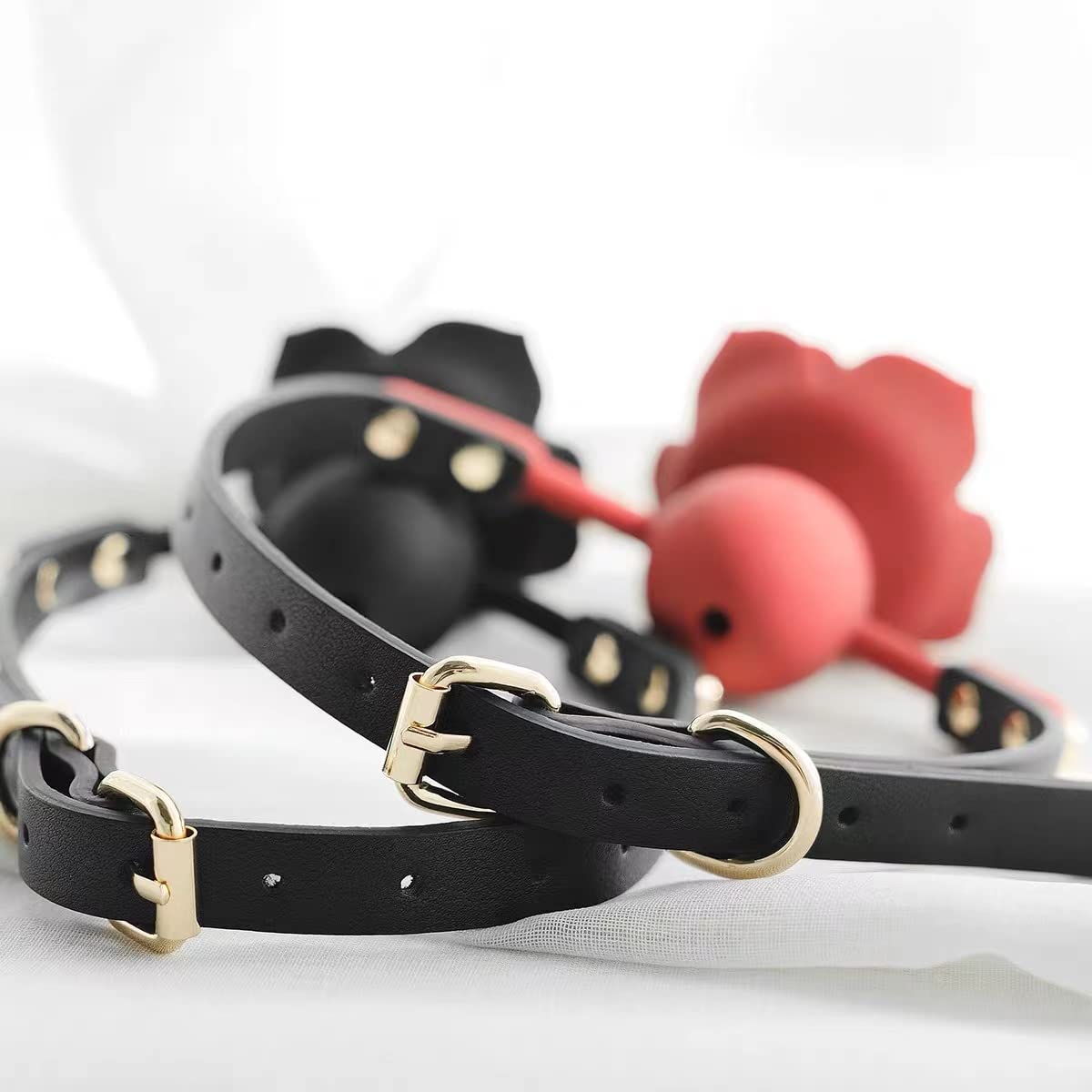 Breathable Rose Ball Gag - BDSM Bondage Gag & Muzzle for Women, Adult Fetish Sex Toys for Couples Role Play, Cosplay, and Sensual Games - Perfect for Spicing Up Your Bedroom or BDSM Scenes (Black)
