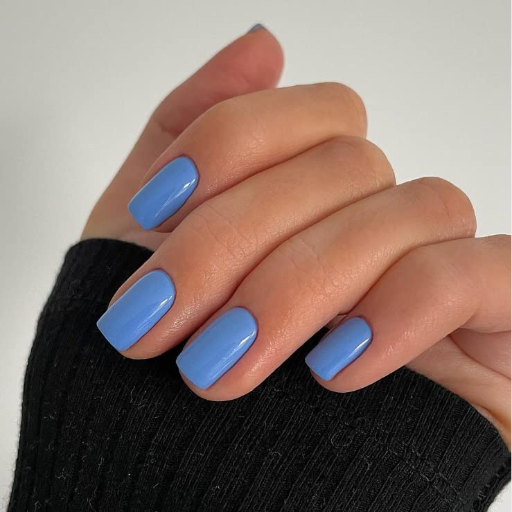 KXAMELIE Blue Press on Nails - 24Pcs Short Square Acrylic Fake Nails with Protective Coat | Natural Gel Glue on Nails, Reusable Solid Color Artificial Nails for Daily Wear & Special Occasions