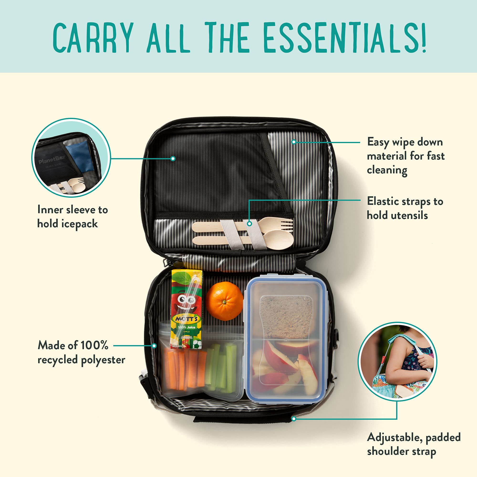 PlanetBox Insulated Lunch Bag - Eco-Friendly, Easy to Clean & Durable Carry Bag with Multiple Pockets for Snacks, Drinks & Utensils | Adjustable Shoulder Strap | Perfect for School, Work & Outdoor Activities (Black Currant)