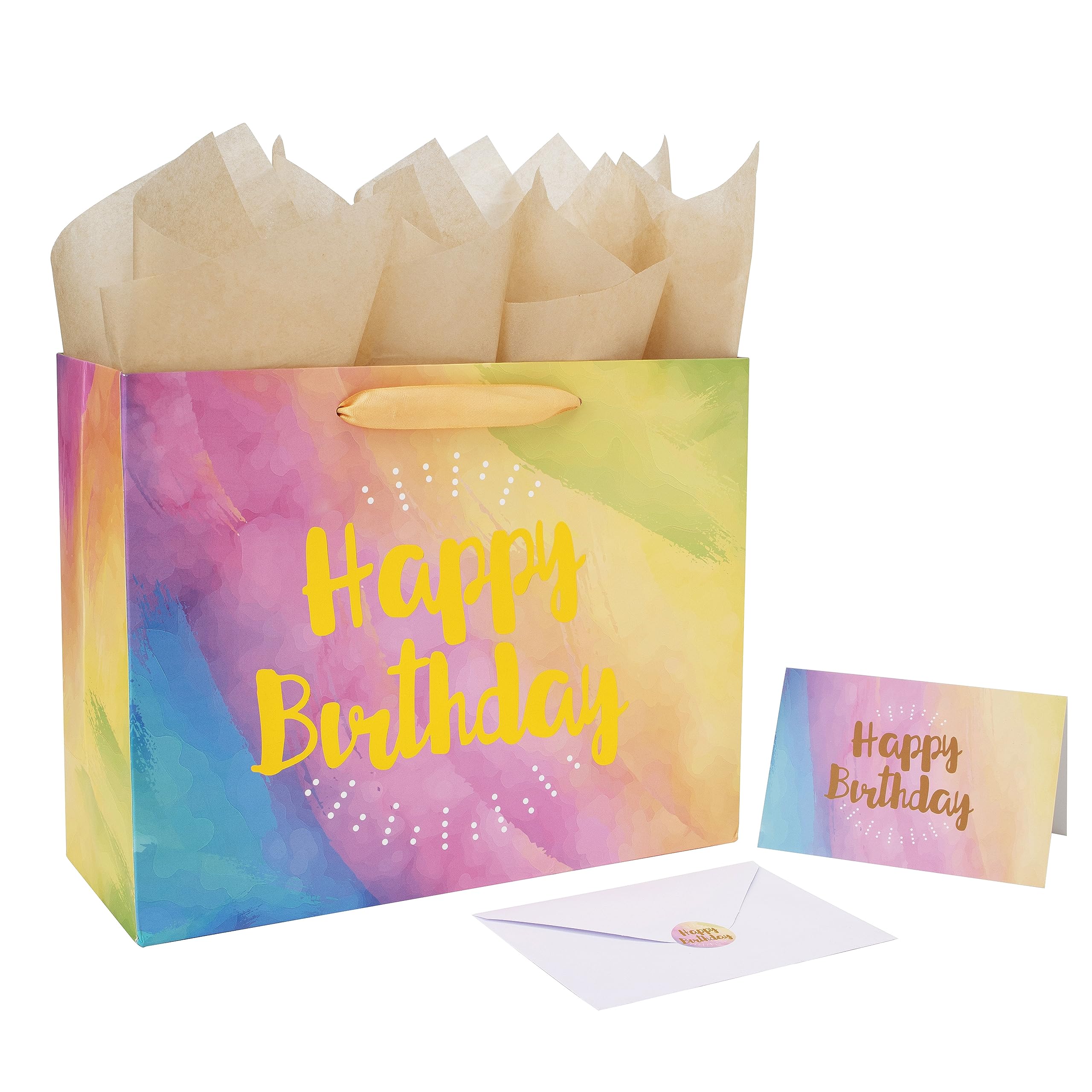 Wishinside 13-Inch Large Yellow Watercolor Gift Bag Set with Greeting Card & Tissue Paper (Gold Foil 'Happy Birthday') - Perfect for Birthdays, Baby Showers, Women, Men, Girls & Boys - Great for Party Favors, Gift Wrapping & Special Occasions