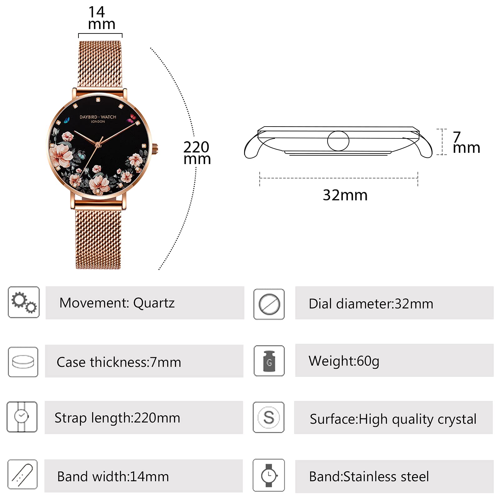 RORIOS Women's Watches with Flower Dial - Stainless Steel Mesh Strap Analog Quartz Wristwatch for Ladies - Perfect for Everyday Wear, Office, and Special Occasions