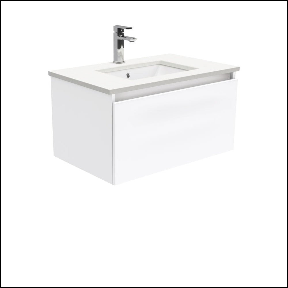 Fienza 750mm SC75H Crystal Pure Undermount Stone Top Wall Mounted Bathroom Vanity Unit in White - Modern Space-Saving Design for Small Bathrooms & Powder Rooms