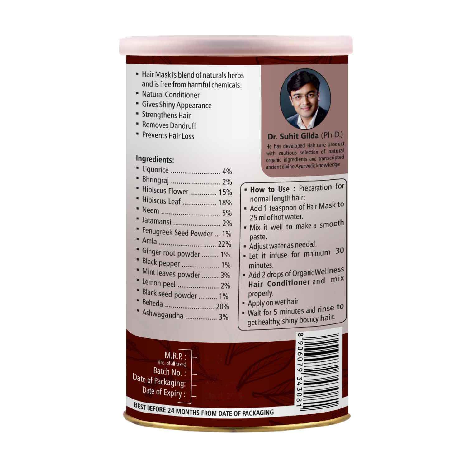 Organic Hair Mask Conditioner 100g - Paraben & Silicone Free Deep Treatment for Silky Strong Hair - All Hair Types - Men & Women - Perfect for Daily Nourishment & Salon-Like Results at Home