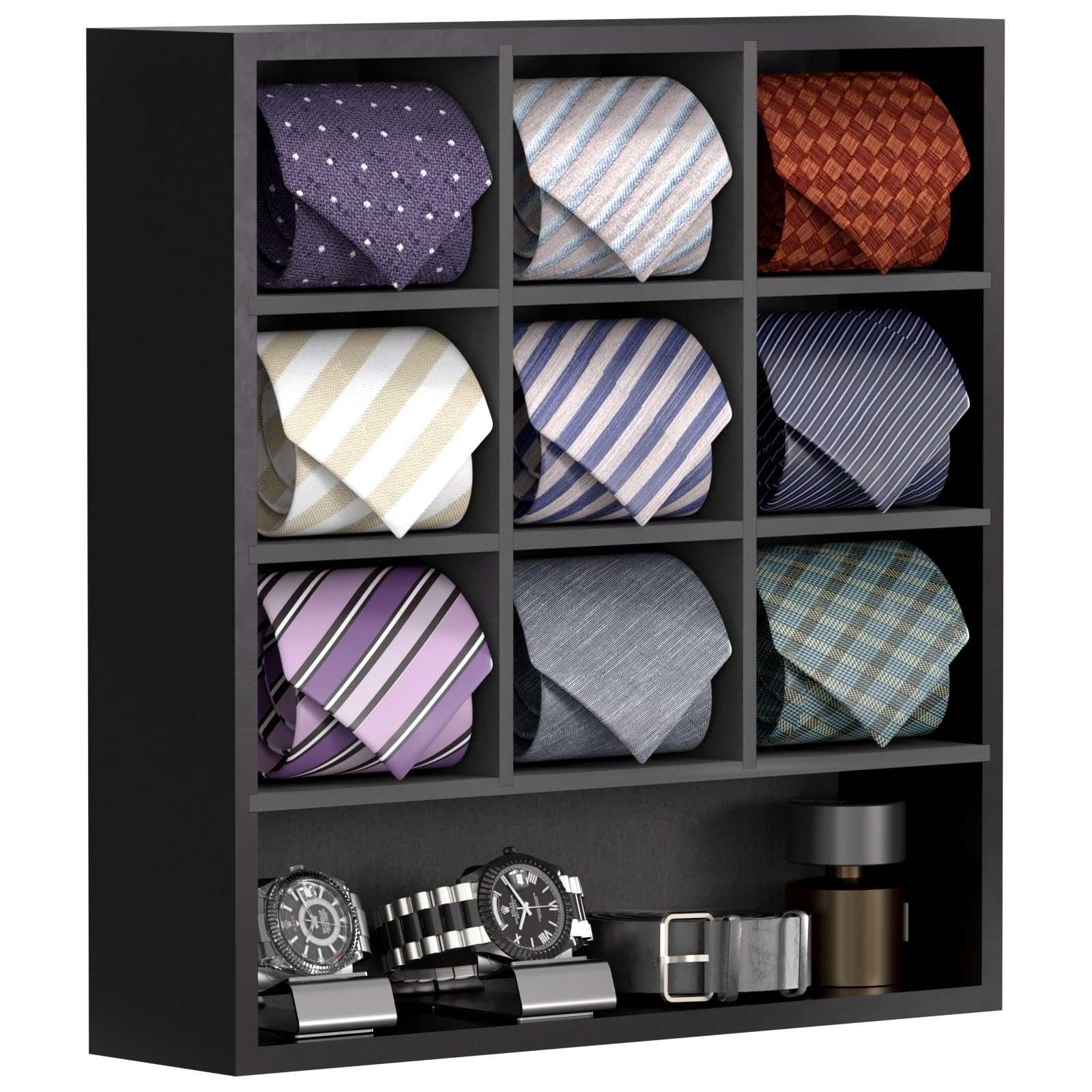 B4Life Bamboo Tie Organizer Wall Mount - 16 Tie Storage Rack with 9 Grids, Space-Saving Closet Accessory for Men's Necktie Display & Organization (Black) - Perfect for Home, Office & Walk-in Closet Organization