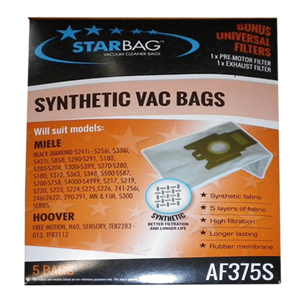 Starbag AF375S Synthetic Vacuum Cleaner Bags - 6 Pack, HEPA Filtration, Compatible with Hoover, Eureka & More - Perfect for Pet Hair, Allergies & Deep Cleaning