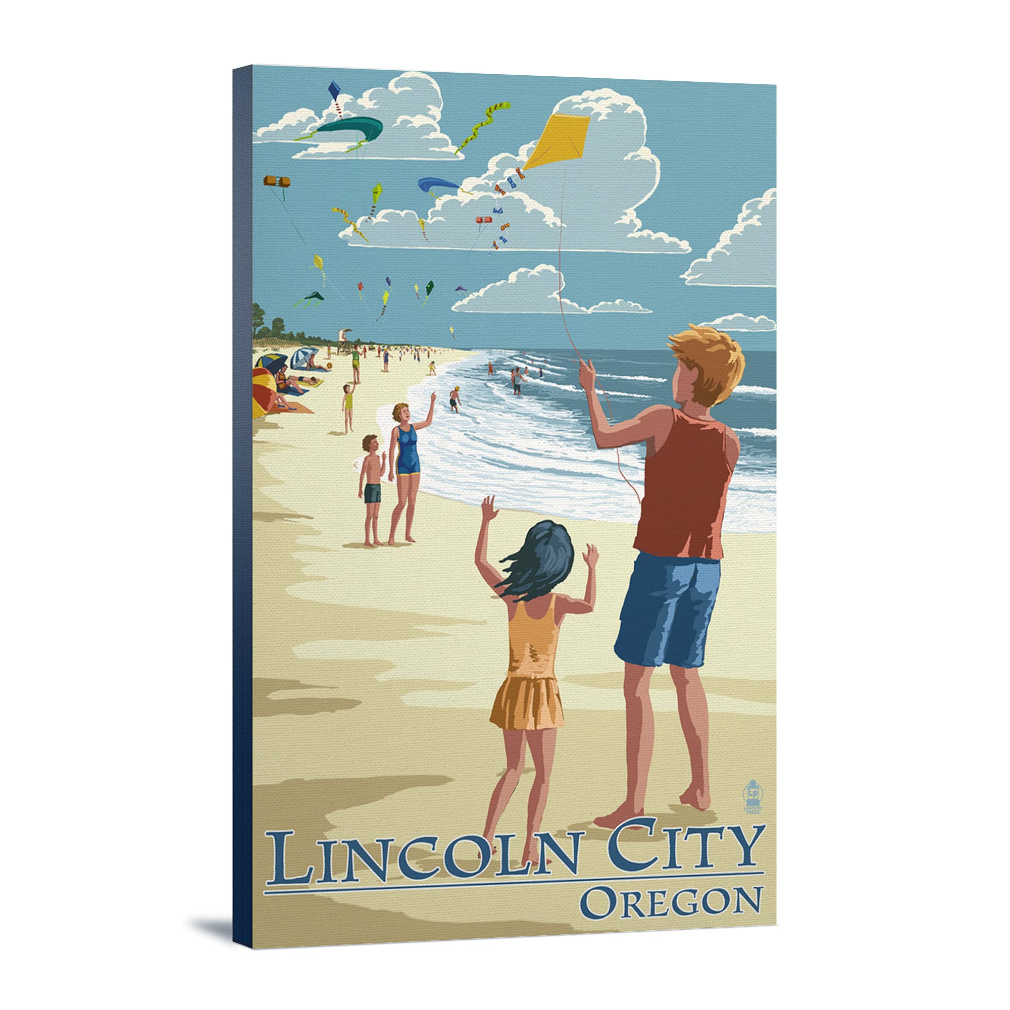 Lincoln City Oregon Kite Flyers Wall Art - 16x24 Wrapped Canvas Print for Coastal Home Decor & Beach House Living Room