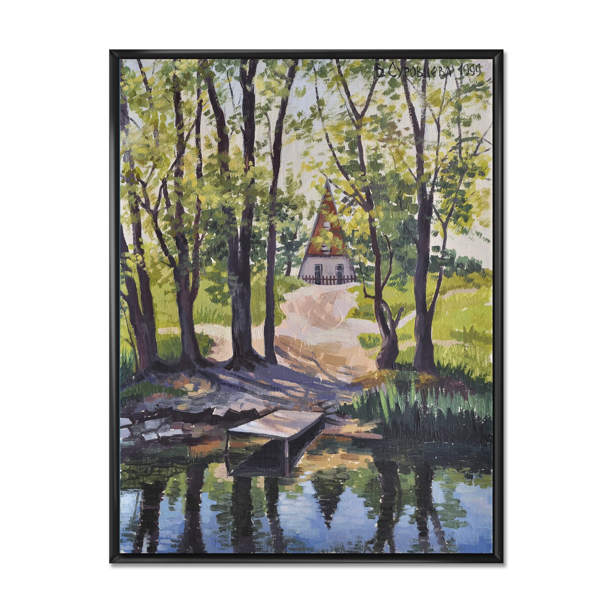 Mysterious Lake House by the River in the Woods - Framed Canvas Wall Art Print for Living Room, Bedroom & Office Decor