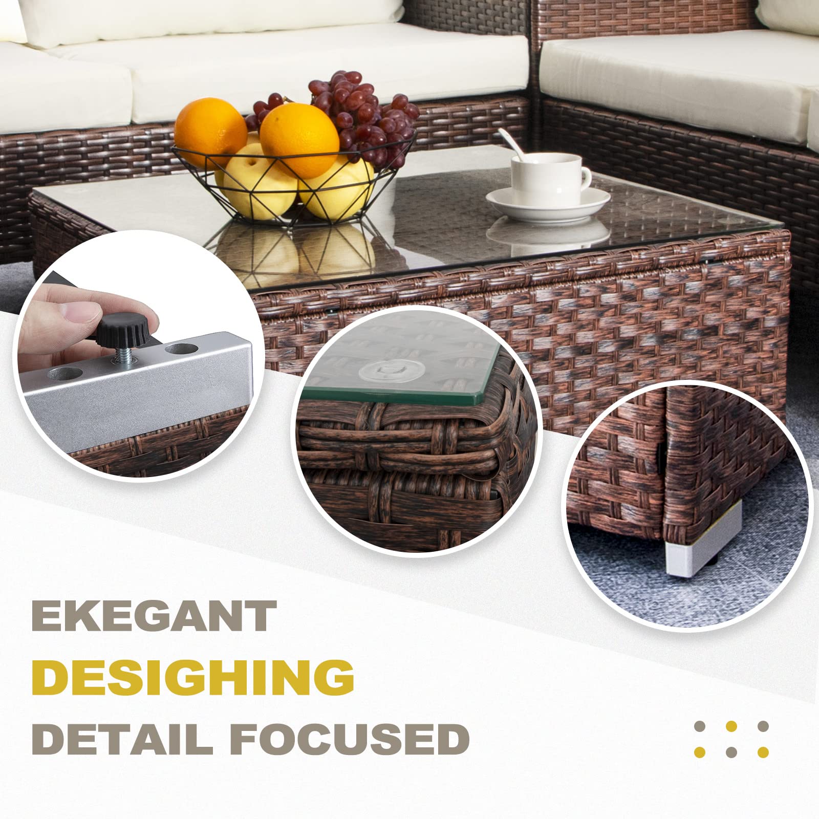 DIMAR GARDEN Outdoor Coffee Table - 25.2 Inch Wicker Patio Side Table with Tempered Glass Top, Weather-Resistant Mixed Brown - Perfect for Poolside, Garden, and Patio Furniture Sets