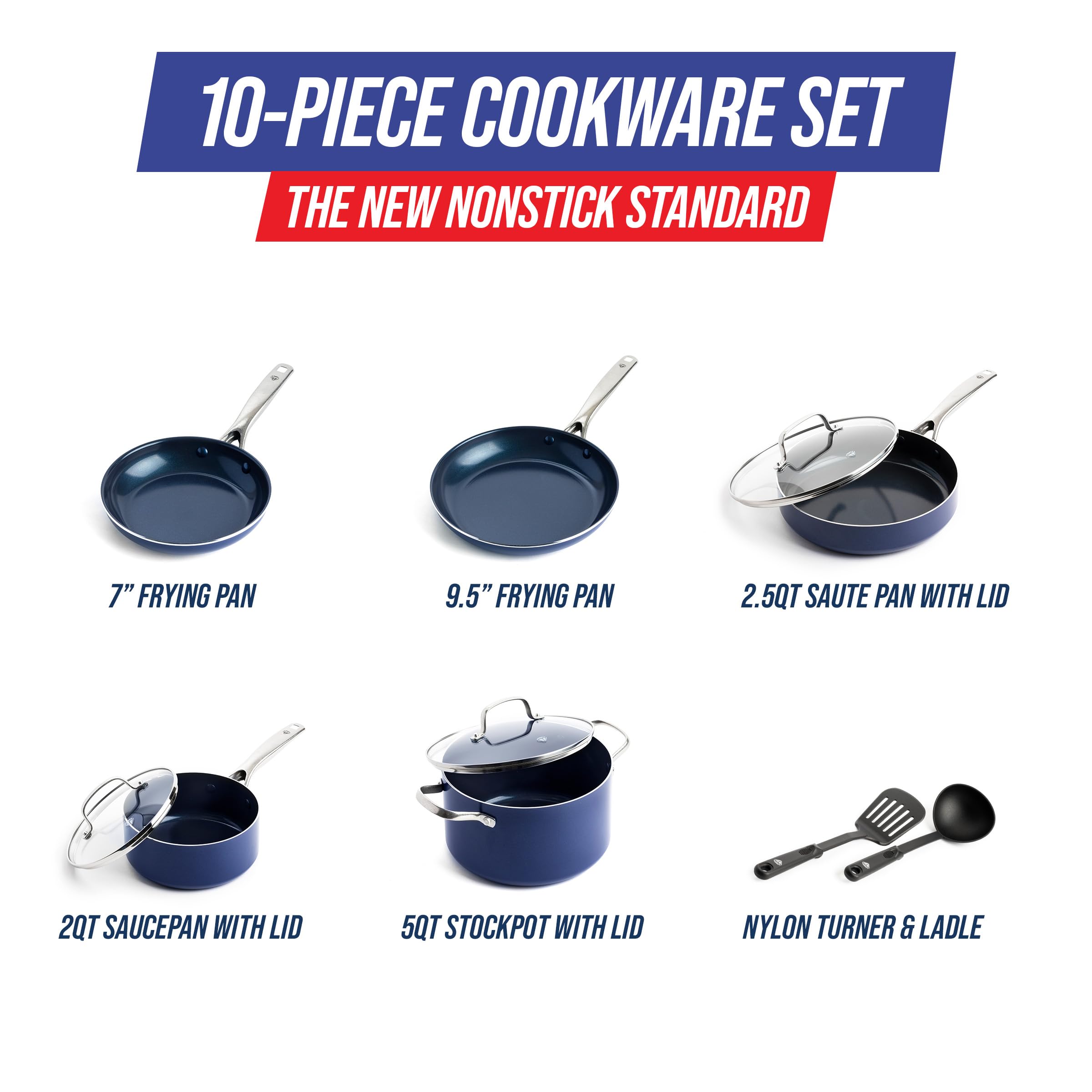 Blue Diamond 10-Piece Cookware Set - PFAS & PFOA-Free Ceramic Nonstick Pots & Pans with Diamond Infusion | Durable, Non-Toxic, Metal Utensil Safe & Scratch Resistant | Dishwasher & Oven Safe (Blue) | Perfect for Everyday Cooking, Family Meals & Healthy Meal Prep
