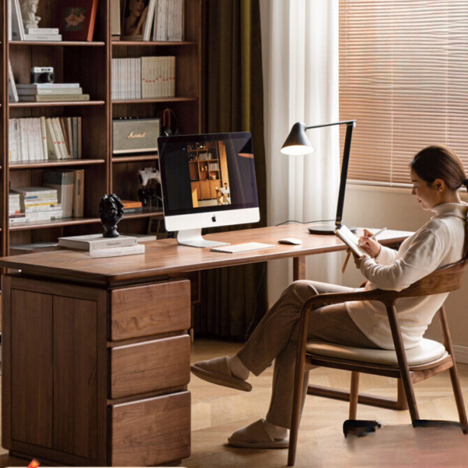 Premium Black Walnut Solid Wood Desk with Built-in Storage Cabinet - Modern Home Office Workstation for Professionals & Remote Workers