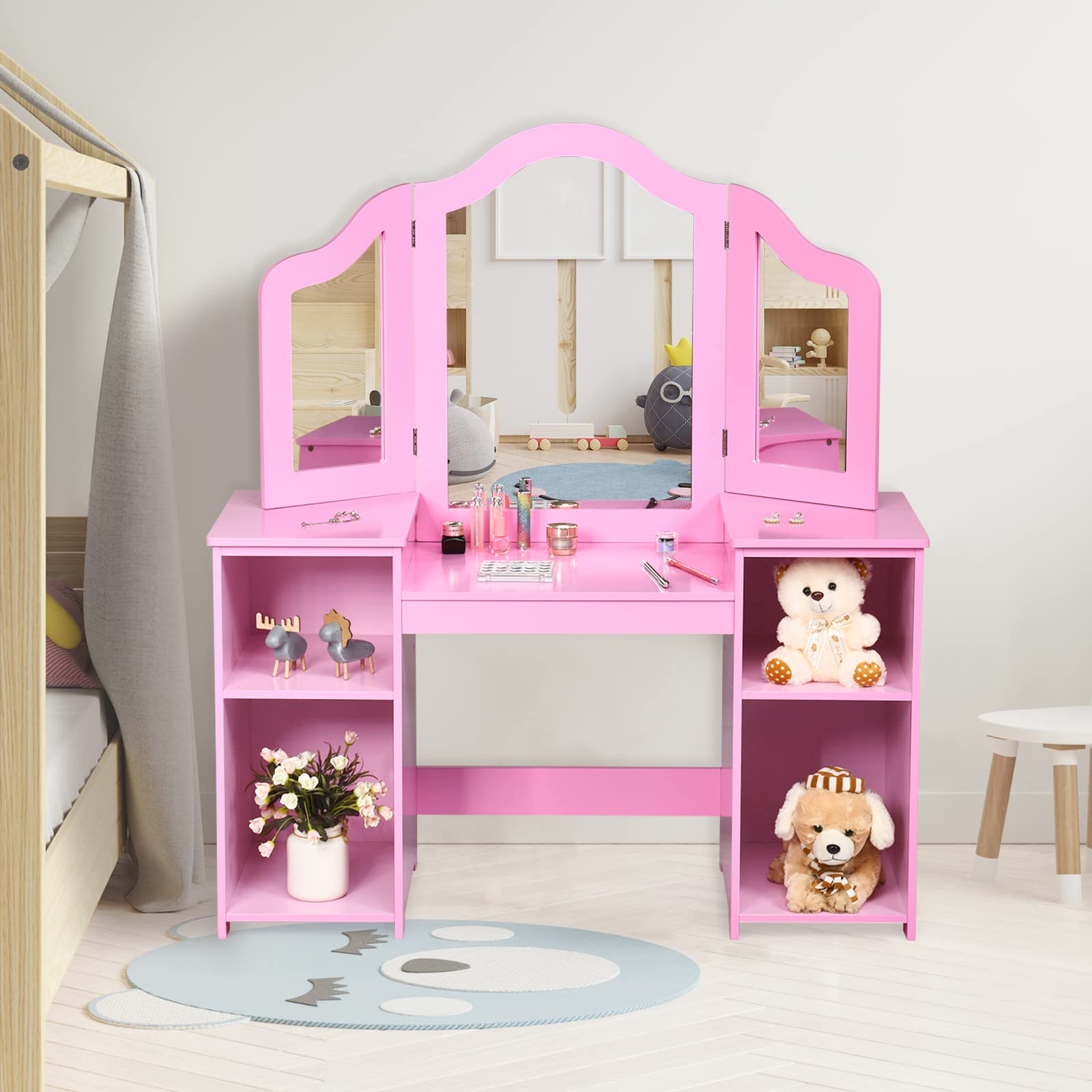 OLAKIDS 2-in-1 Pink Princess Wooden Vanity Table Set for Toddlers - Tri-Folding Detachable Mirror, Storage Drawer, Pretend Makeup Dressing Play Set for Little Girls | Perfect for Birthday Gifts, Pretend Play & Bedroom Decor