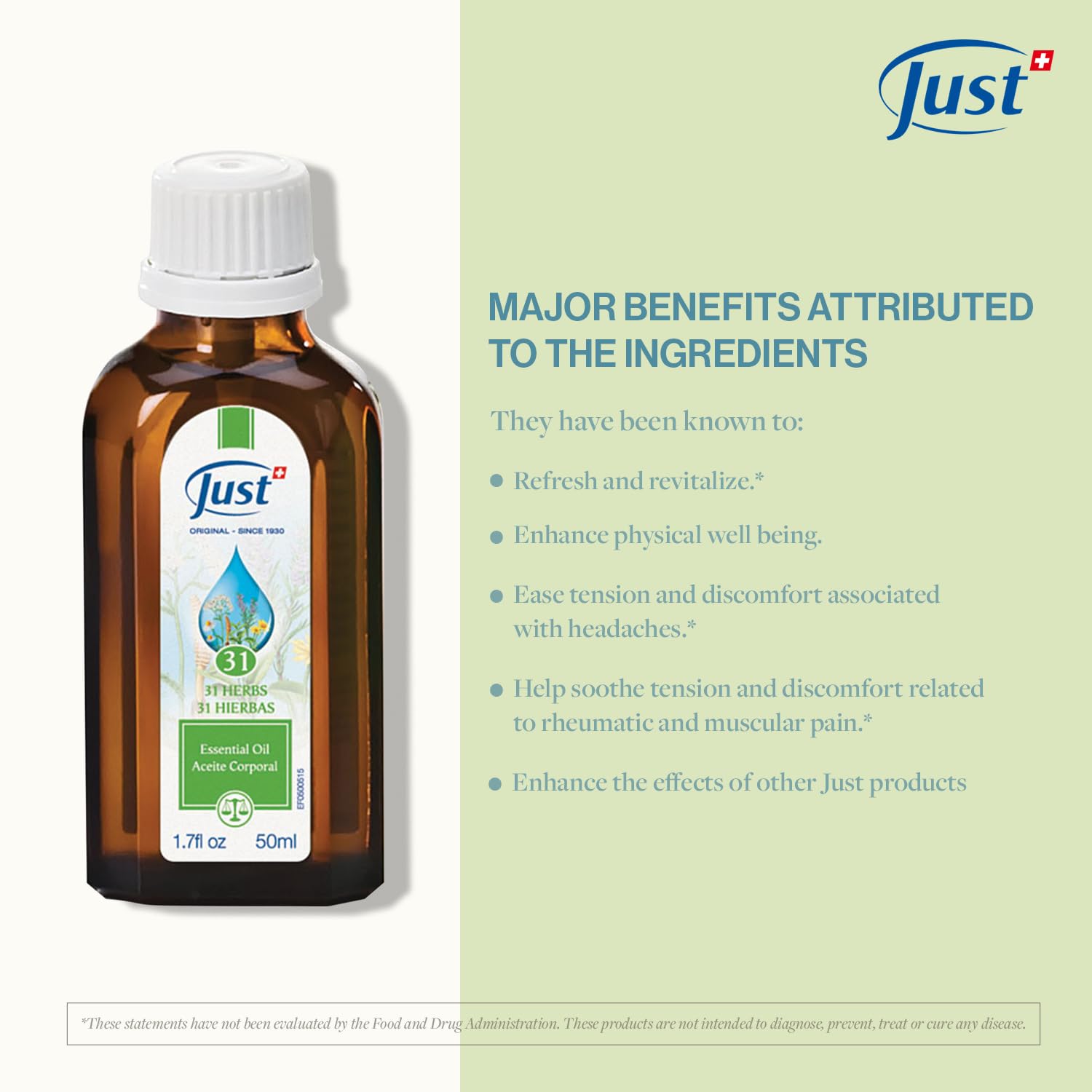 Swiss Just 31 Herbal Essential Oil - 50ml Natural Eucalyptus Massage Oil for Muscle Soreness & Joint Pain Relief | Family-Friendly Aromatherapy Solution for Relaxation, Stress Relief & Home Spa