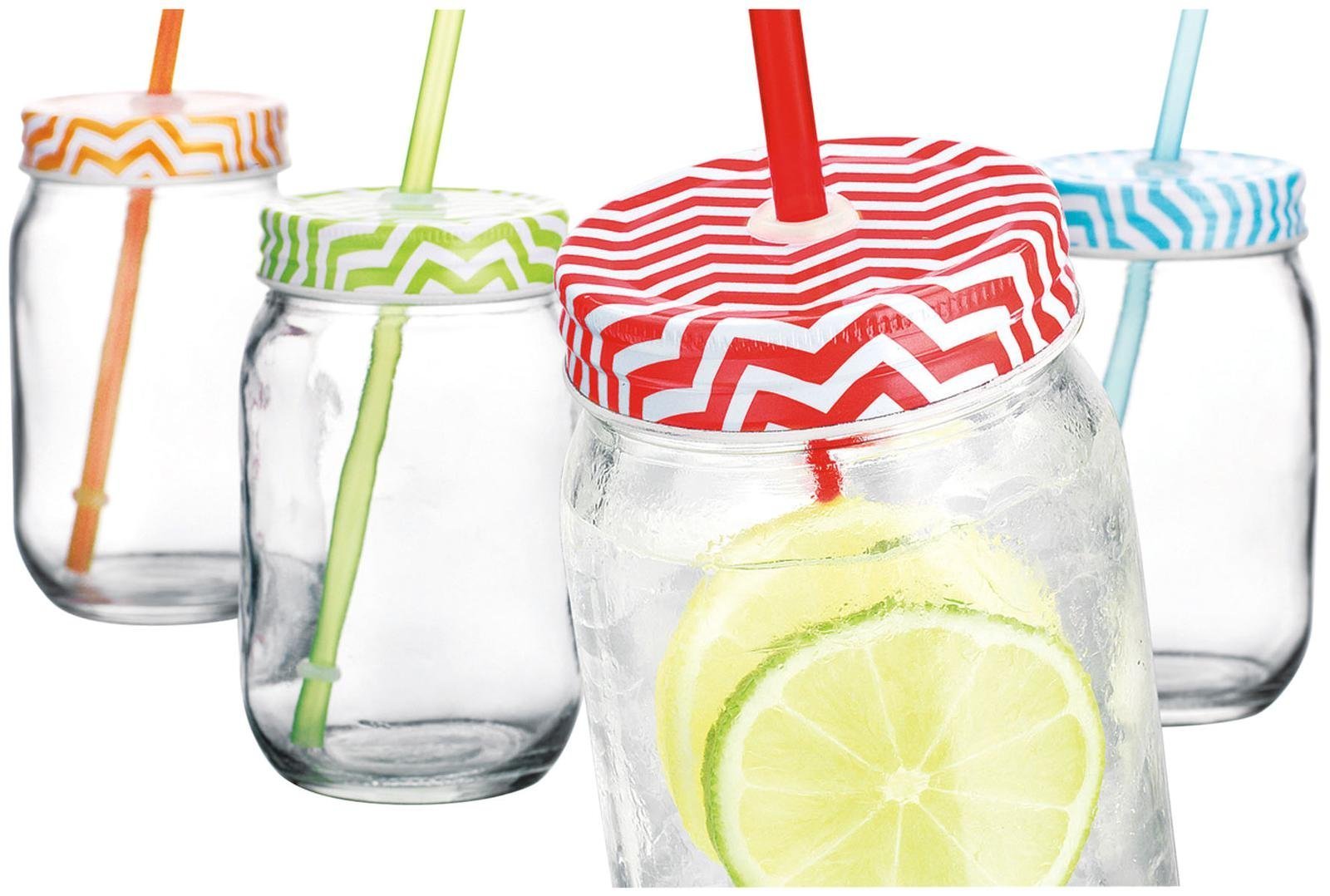 16oz Mason Jars with Straws - Set of 4 Glass Drinking Jars for Iced Coffee, Smoothies & Home Decor | Chevron Pattern Home Essentials