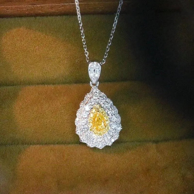 18K White Gold Real Yellow Natural Diamond Vintage Droplet Pendant Necklace for Women - Elegant Wedding, Anniversary & Special Occasion Jewelry Gift