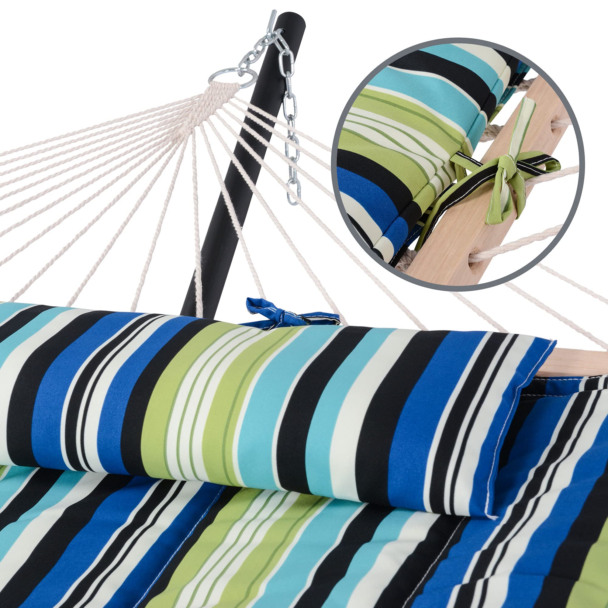 SUNCREAT Heavy Duty Double Hammock with Steel Stand - Cotton Rope & Polyester Pad - Blue & Green Outdoor Hammock for Backyard, Patio, Camping, Beach Relaxation