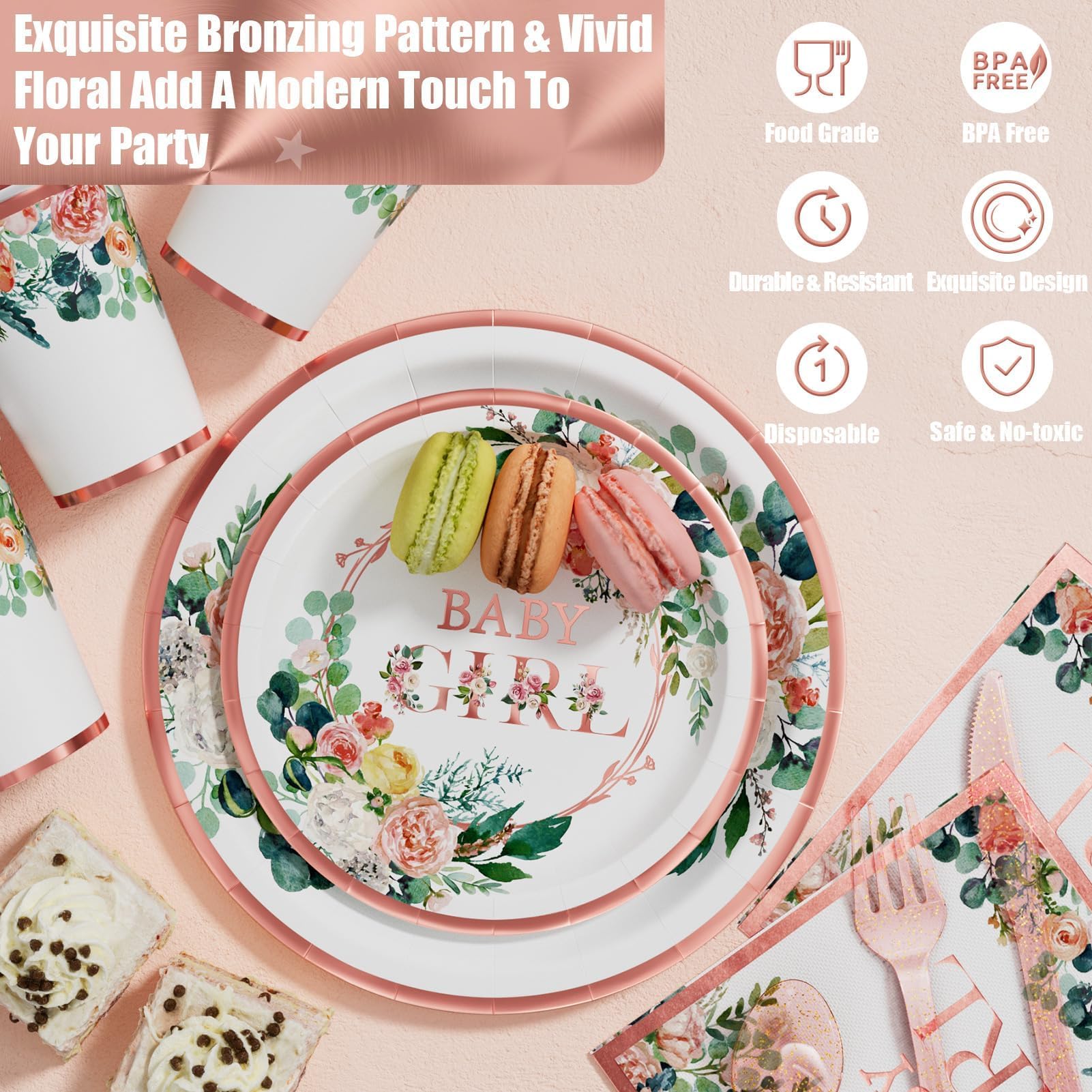 175PCS Floral Baby Shower Party Supplies Set - Rose Gold Disposable Dinnerware for Girls (25 Guests) | Includes Plates, Cups, Napkins, Forks, Knives & Spoons | Perfect for Baby Girl Birthday & Bridal Showers
