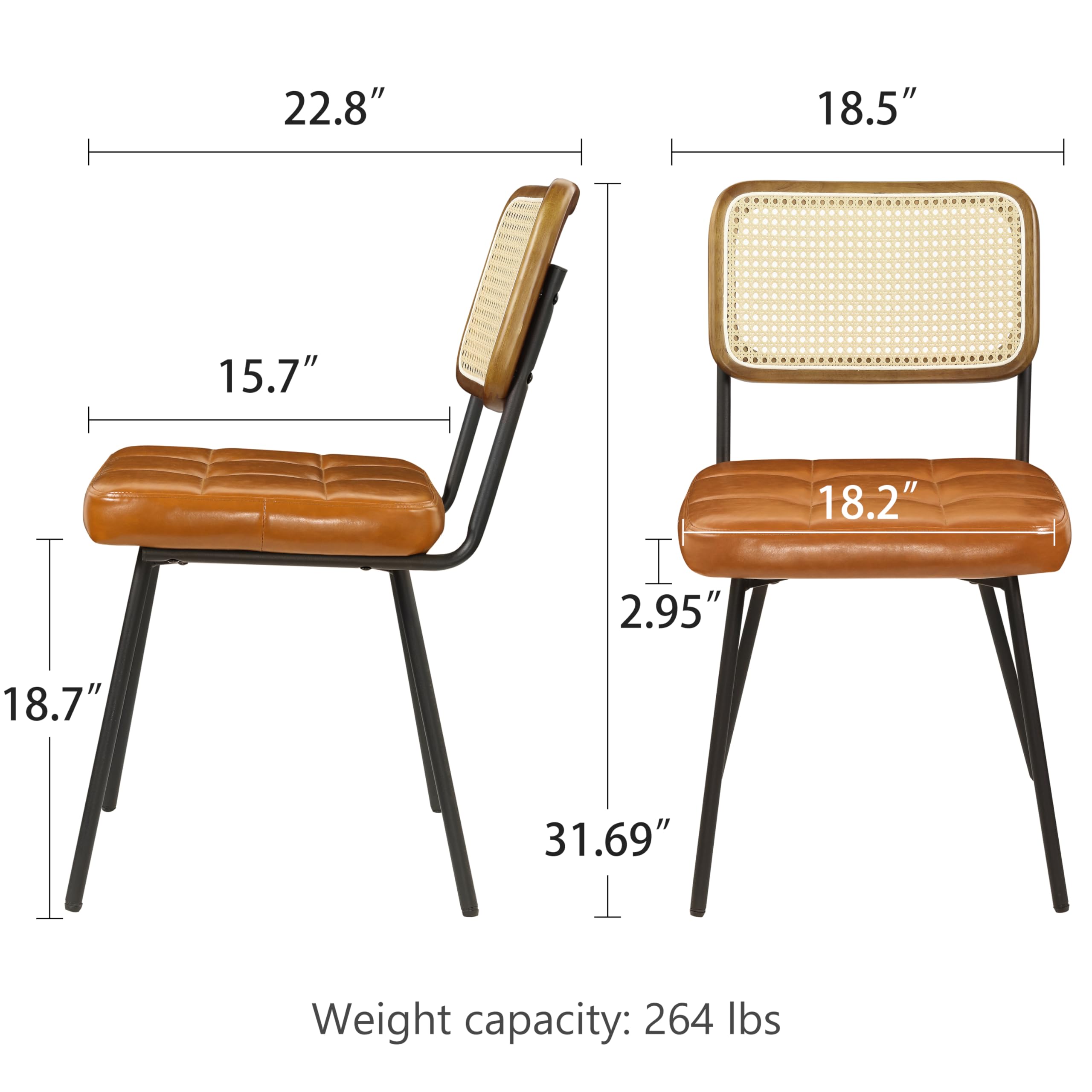 Art Leon Rattan Dining Chairs Set of 2 - Mid Century Modern Kitchen & Dining Room Chairs with Woven Rattan Back, Faux Leather Seat & Black Metal Legs - Sturdy Rubber Wood Frame in Yellow Brown - Perfect for Breakfast Nook, Bistro, Patio & Small Space Dining