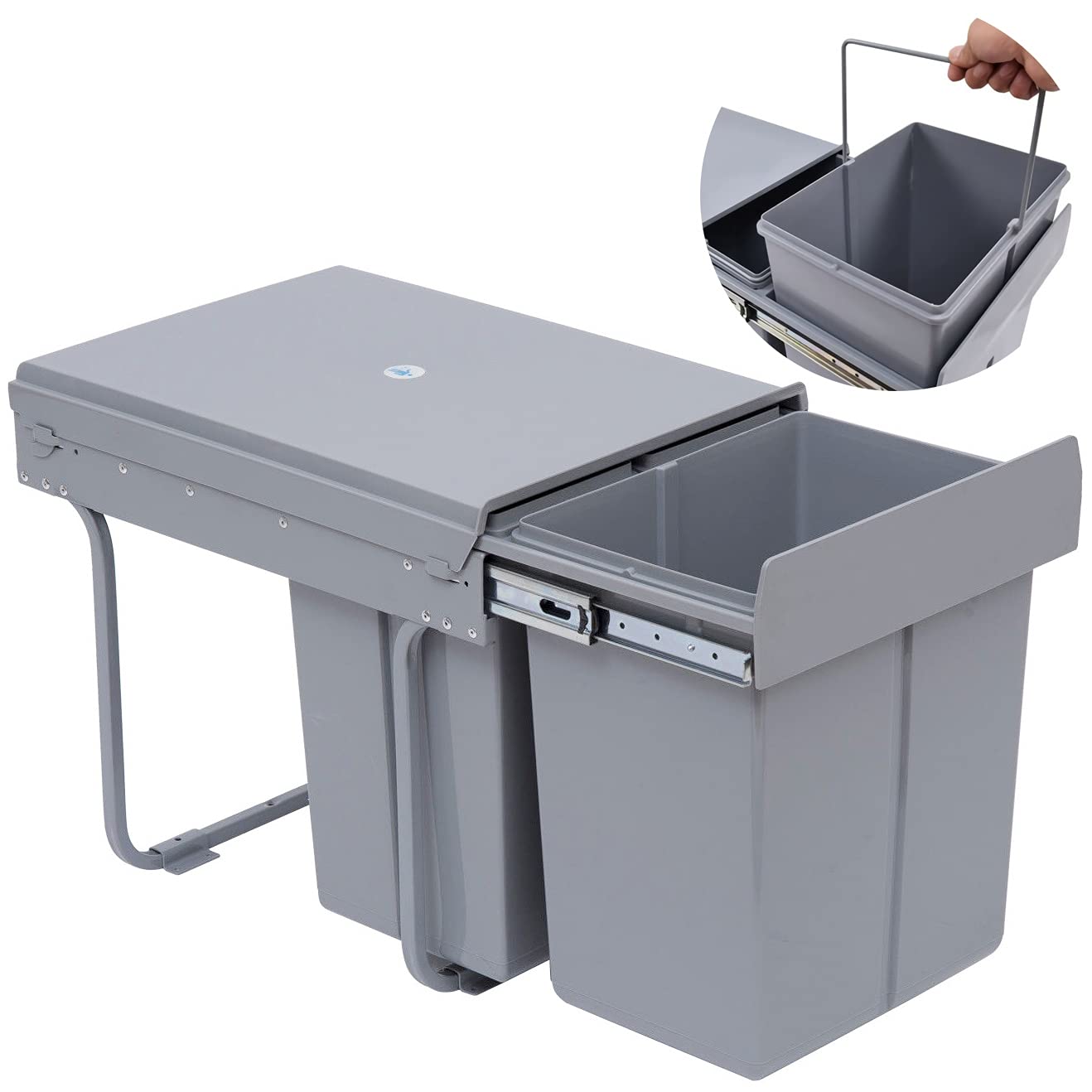 Nisorpa 40L/10.6Gal Dual Compartment Pull-Out Trash Can - Under Sink Cabinet Garbage Bin with Lid - Soft Close Sliding Recycling Container for Kitchen, Commercial Use - Gray (Perfect for Small Spaces & Waste Sorting)