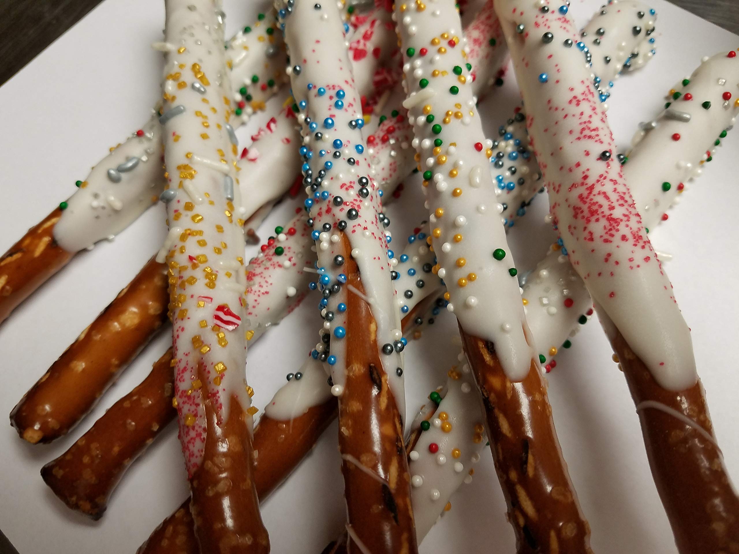 Premium White Chocolate Covered Pretzel Rods with Holiday Toppings - Perfect for Christmas Gifts, Party Snacks & Festive Treats