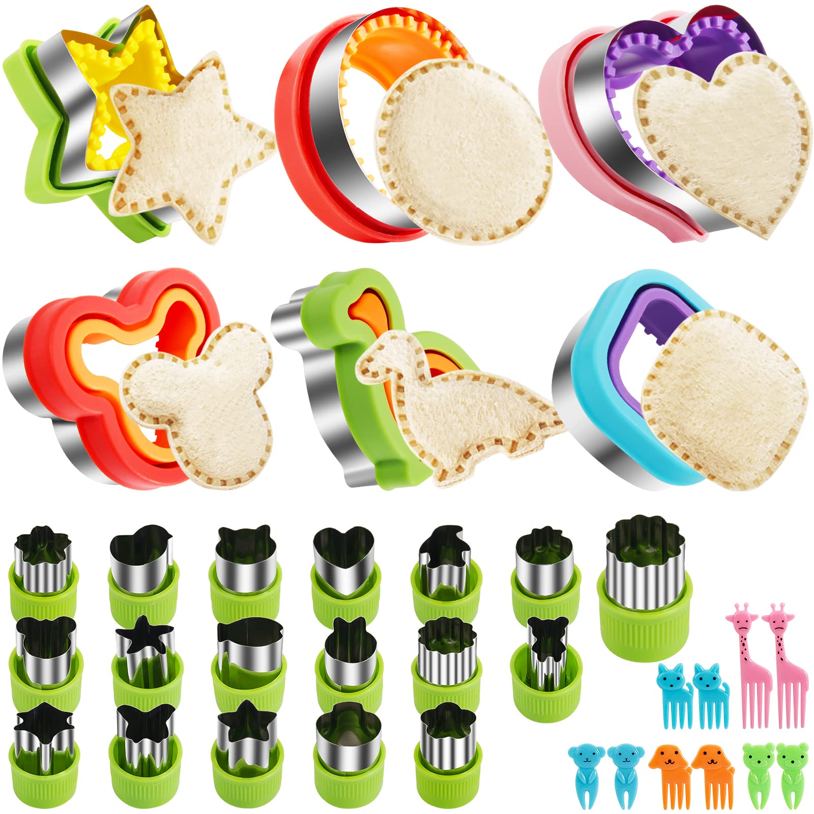 34pcs Sandwich Cutter Set for Kids - 6 Sandwich Cutters & Sealers + 18 Fruit Shapes with 10 Adorable Animal Forks | Perfect for School Lunches, Picnics & Party Snacks