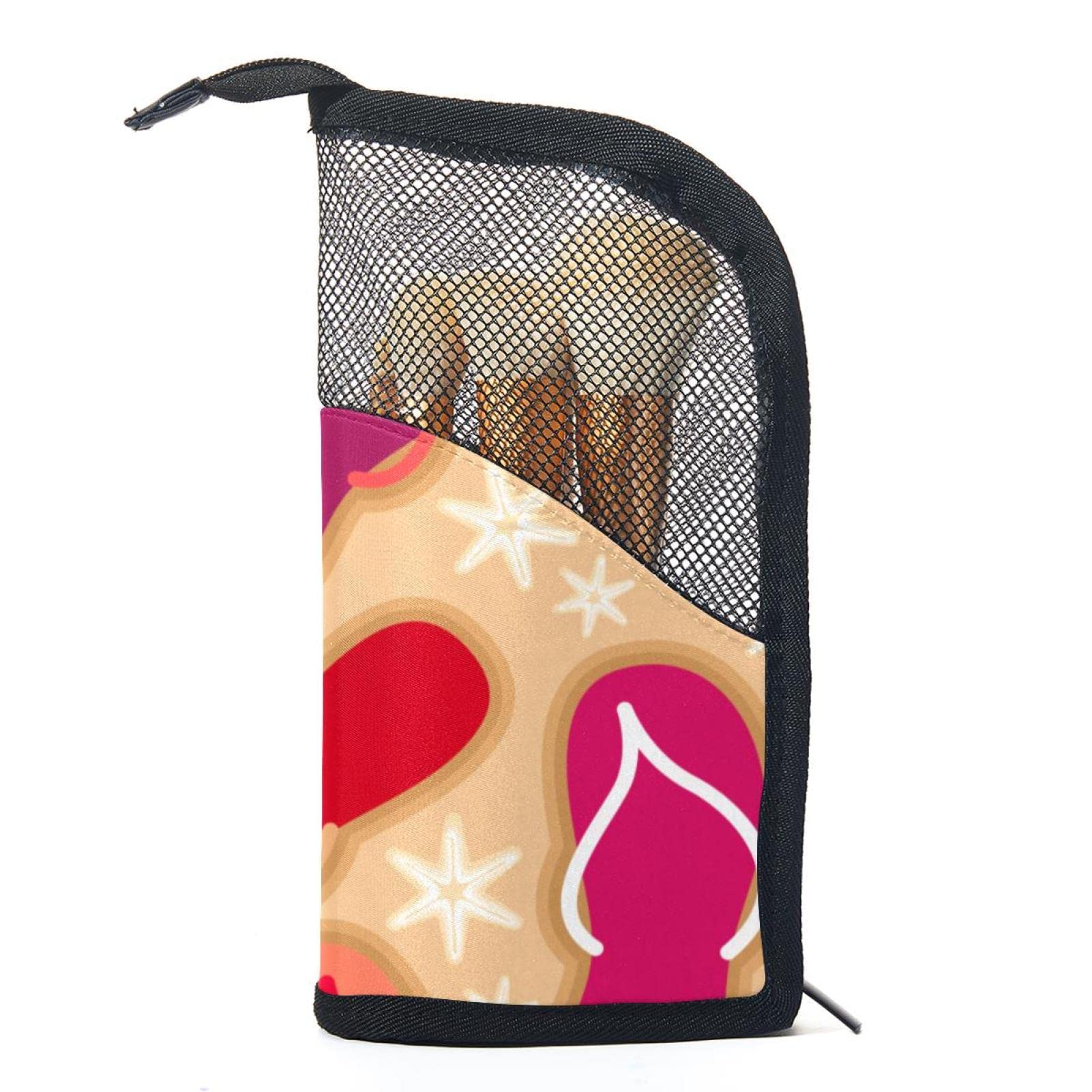 12-Piece Makeup Brush Organizer Bag with Starfish Colorful Flip Flops - Portable Makeup Brush Holder Set Case for Travel & Home Storage