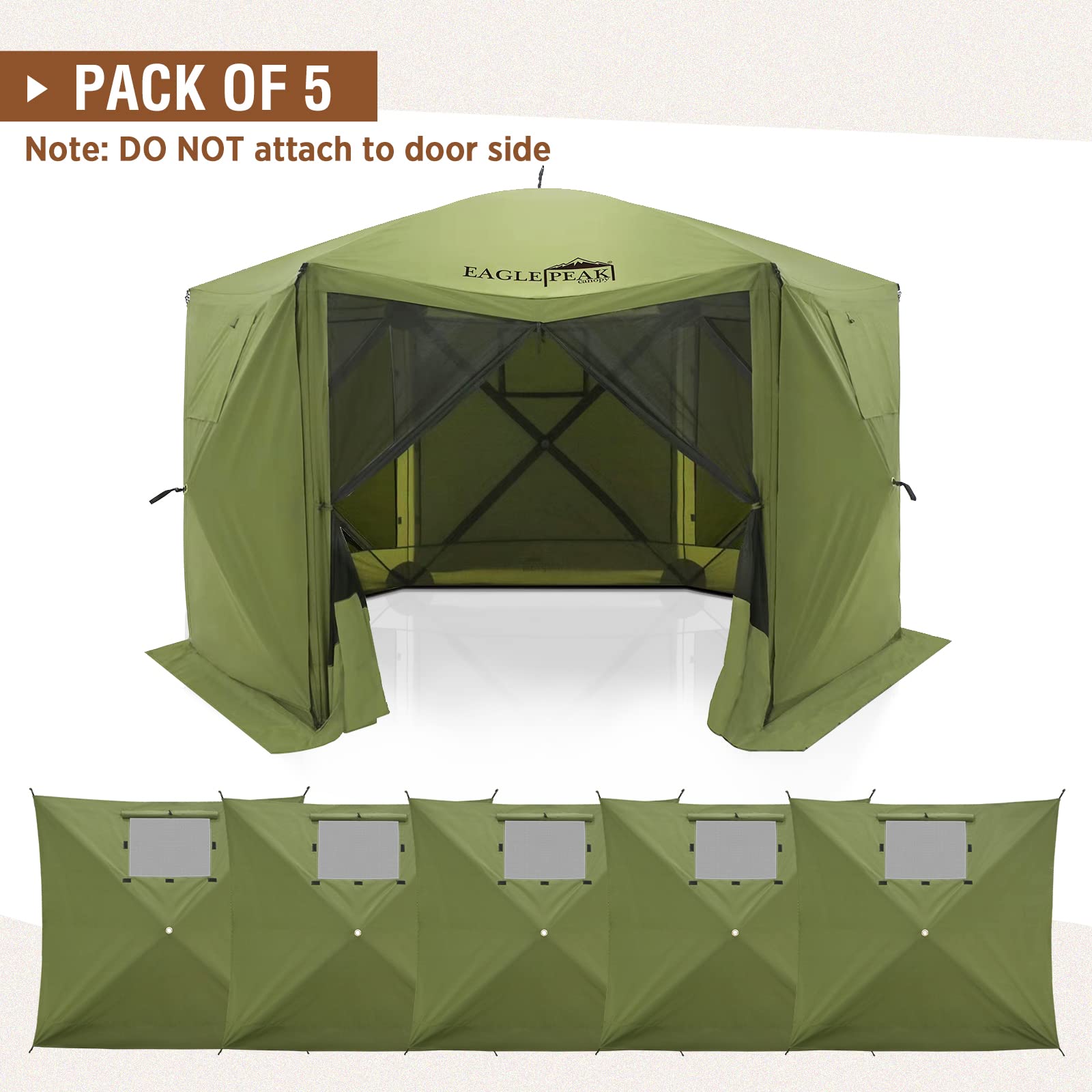 EAGLE PEAK 5-Pack Green Wind Screen Side Wall Panels with Window - Weatherproof, UV Resistant & Waterproof for Outdoor Patio, Garden, and Camping Protection
