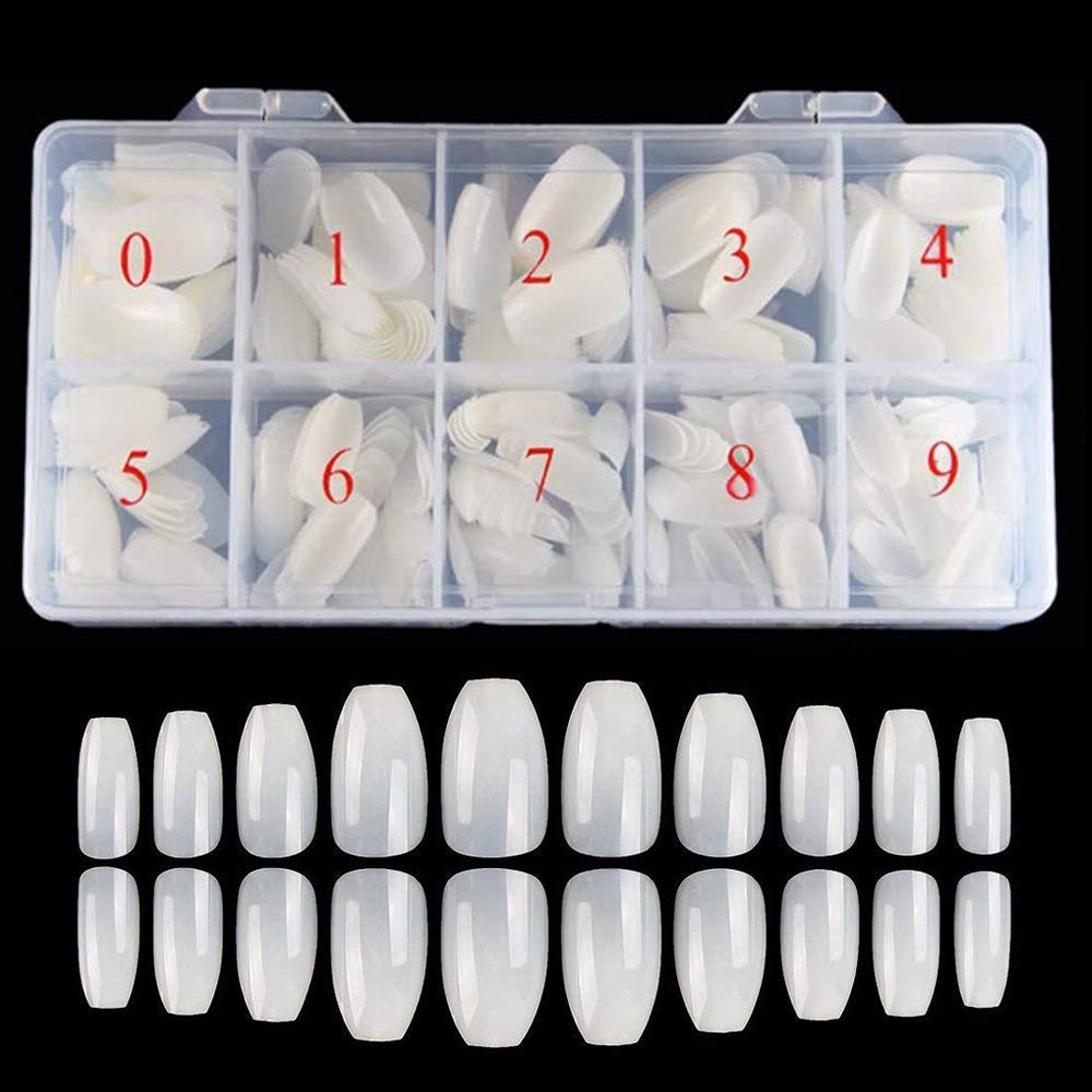 200 Pcs Acrylic Nail Tips - French Half Cover Fake Nails, Coffin Shape Artificial Nails in 10 Sizes - Natural Look for Nail Salons & DIY Manicure - Perfect for Wedding, Party & Everyday Nail Art with Storage Box