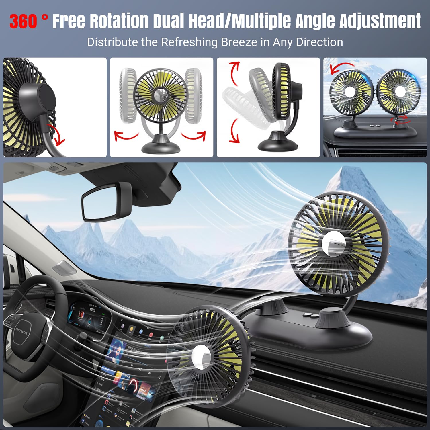 USB Car Fan with 3 Speed Settings & 360° Rotation - Dual Head Portable Auto Fan for Dashboard - Strong Cooling for SUV, Truck, RV, Boat, Van, Sedan - Perfect for Home, Office & Travel Use