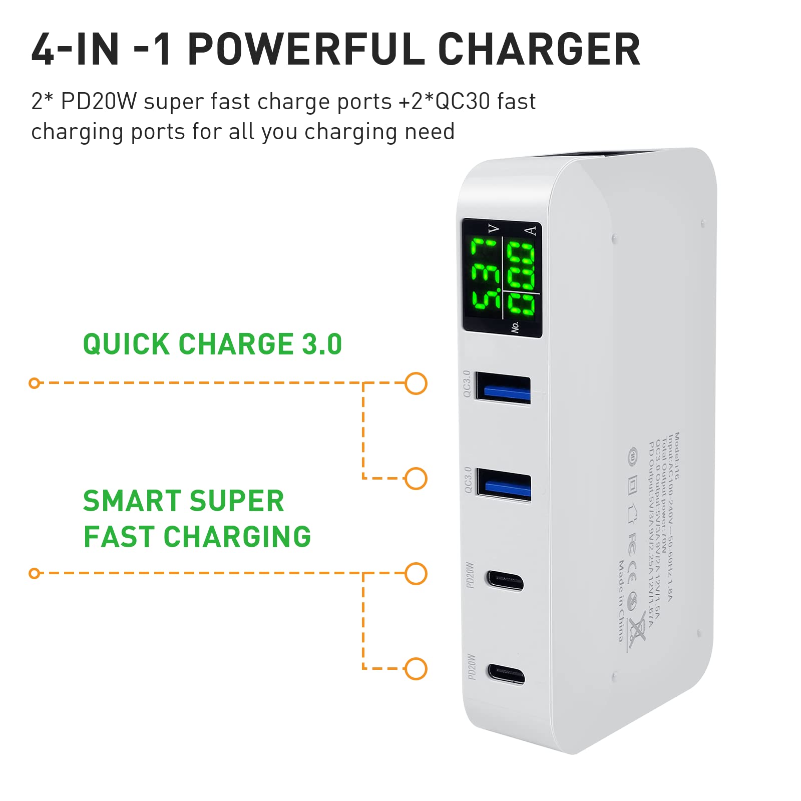 ideallife 70W 12A 4-Port USB Charging Station - Super Fast 20W PD & QC3.0 USB C Hub with LCD Display for iPhone 14/13/12, iPad Pro/Air, Samsung Galaxy S23/S22, Huawei P50 - Perfect for Home, Office, Travel & Multi-Device Charging