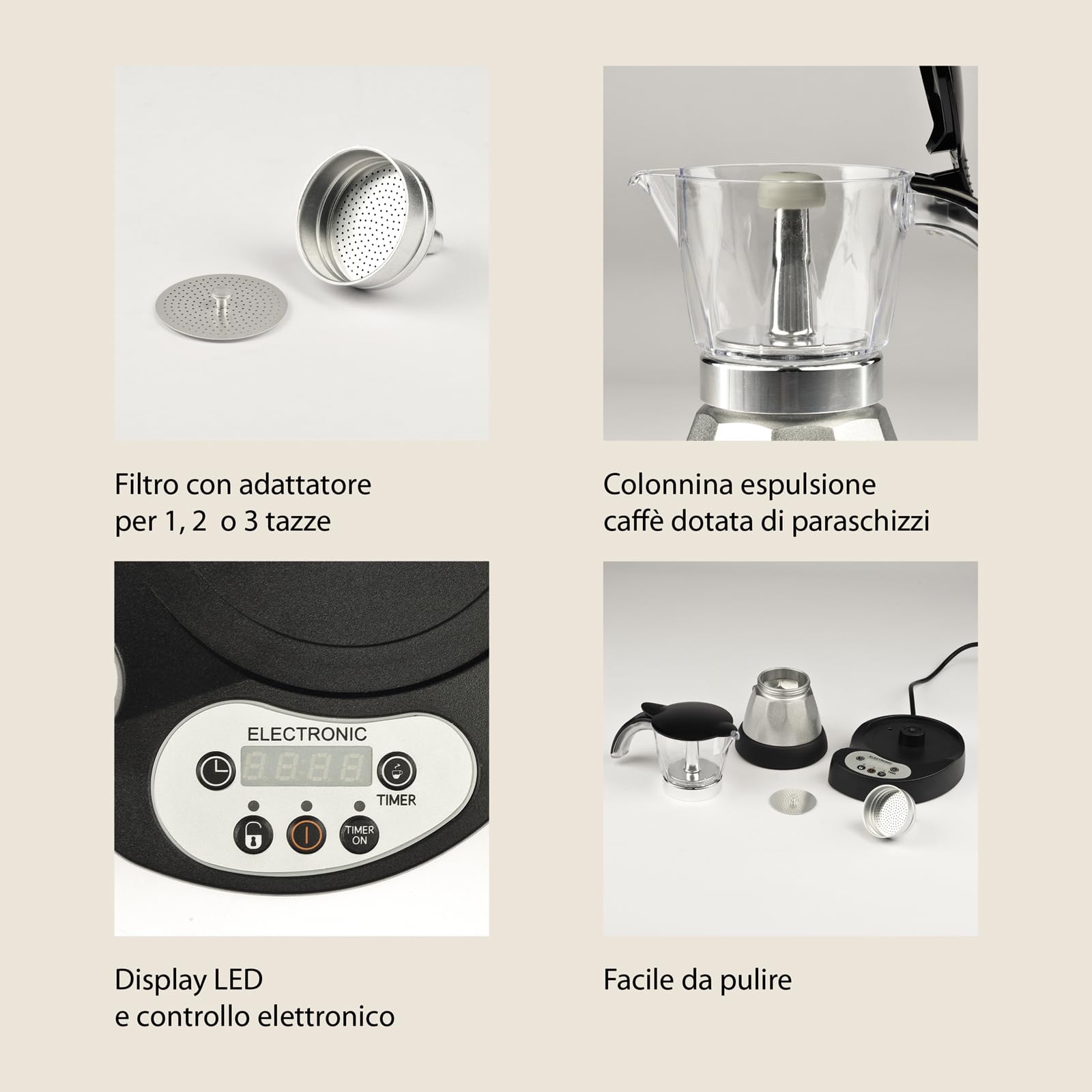 Girmi MC23 Programmable Electric Moka Pot for Ground Coffee, 1-3 Cups, 400W, LED Display, Timer, Keep Warm Function, Aluminum, Silver - Perfect for Home, Office, and Travel Use