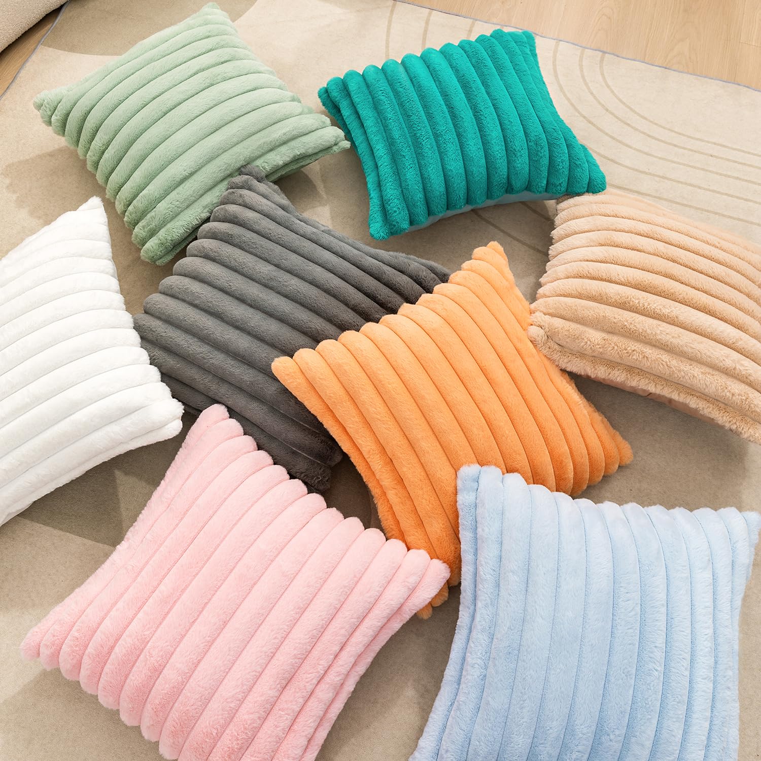 Luxury Faux Fur Throw Pillow Cover Set of 2 - Super Soft Fuzzy Striped Pillowcase for Sofa, Couch & Bedroom - 18x18 Inch (45cm) White - Perfect for Home Decor, Living Room Accent & Cozy Winter Nights