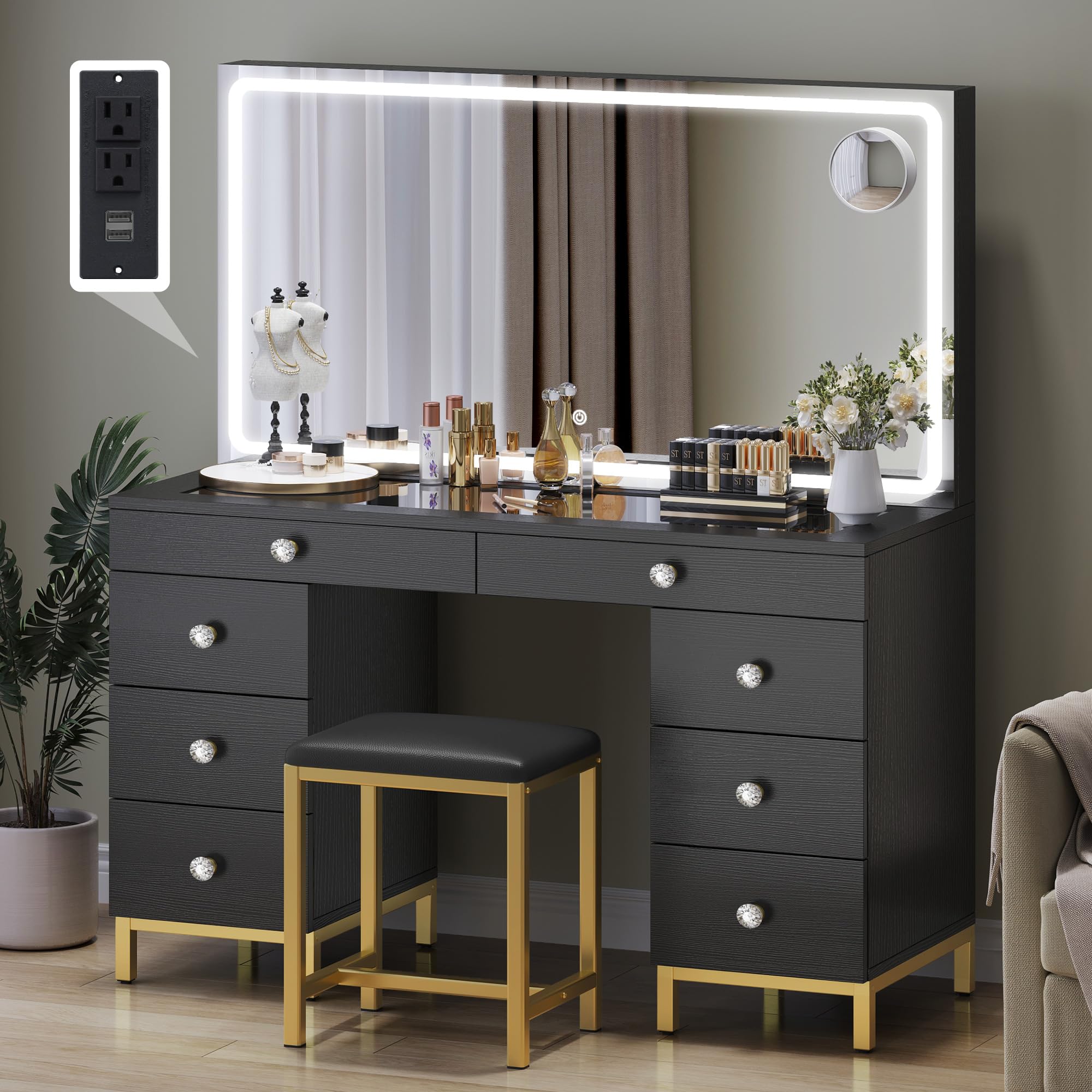 DWVO Vanity Desk with LED Lighted Mirror, Power Outlet & Magnifying Glass - 8 Drawer Makeup Dressing Table with 3 Color Modes (Black) for Bedroom, Dressing Room & Home Salon | Perfect for Makeup Application, Skincare Routine & Hair Styling