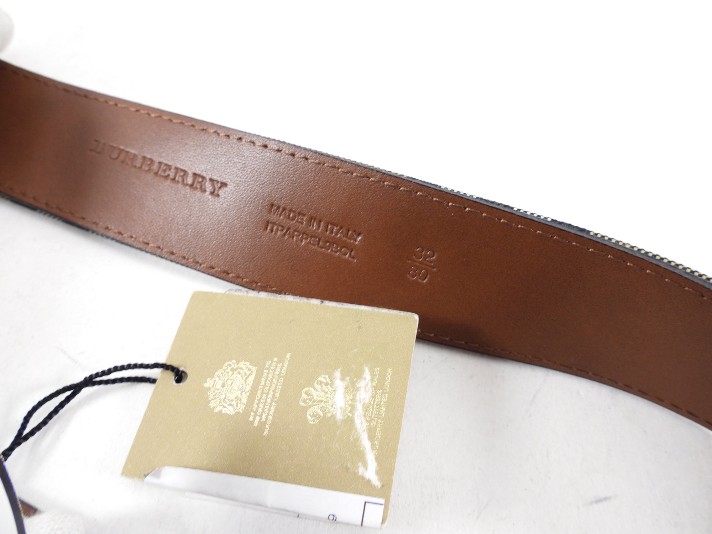 Burberry Brass Buckle Check & Tan Leather Belt for Men - 80/32 Size | Classic British Style Accessory for Business, Casual & Formal Outfits