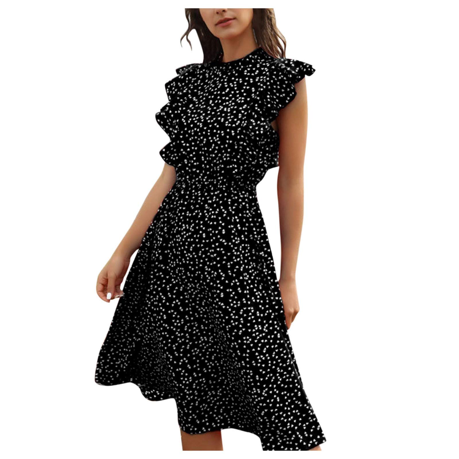Women's Casual Butterfly Sleeve Chiffon Dress with Dot Print & Ruffles - Elegant Flowy Summer Dress for Party, Wedding & Vacation